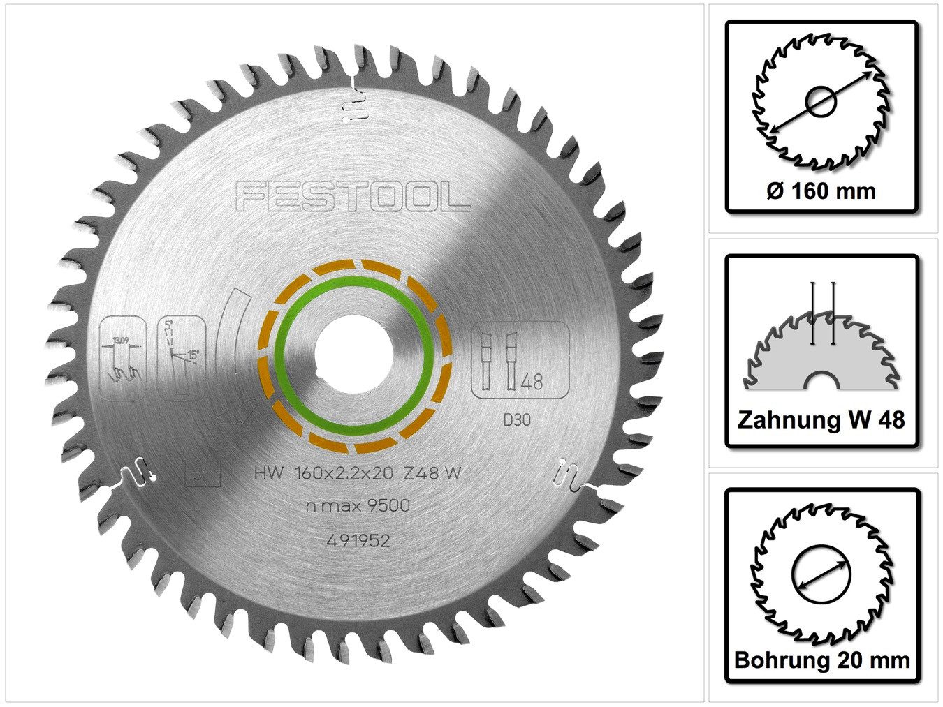 FESTOOL Kreissägeblatt Feinzahn Kreissägeblatt HW 160 x 20 x 2,2 mm W48 160 mm 48 Zähne (49