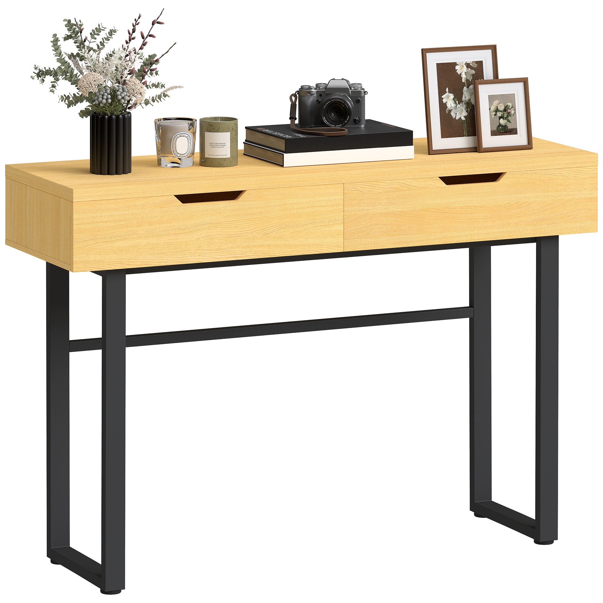 HOMCOM Konsolentisch Konsolentisch mit Industrie-Design, für Flur Wohnzimmer, Natur (Flurtisch, 1-St., Beistelltisch), Schmal, 2 Schubladen, Metallrahmen