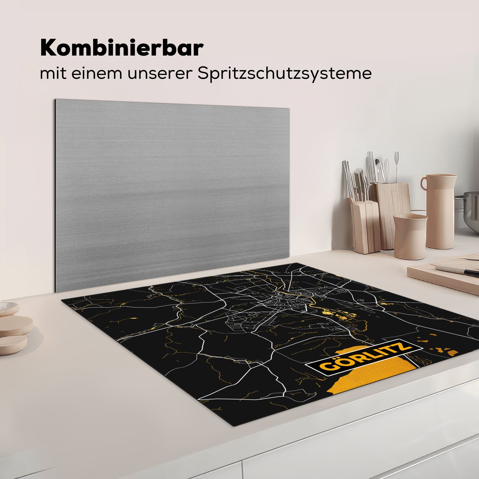 - - - Arbeitsplatte Herdblende-/Abdeckplatte Görlitz Vinyl, und Gold - (1 Stadtplan 78x78 für Ceranfeldabdeckung, tlg), Deutschland MuchoWow Schwarz Karte, küche cm,