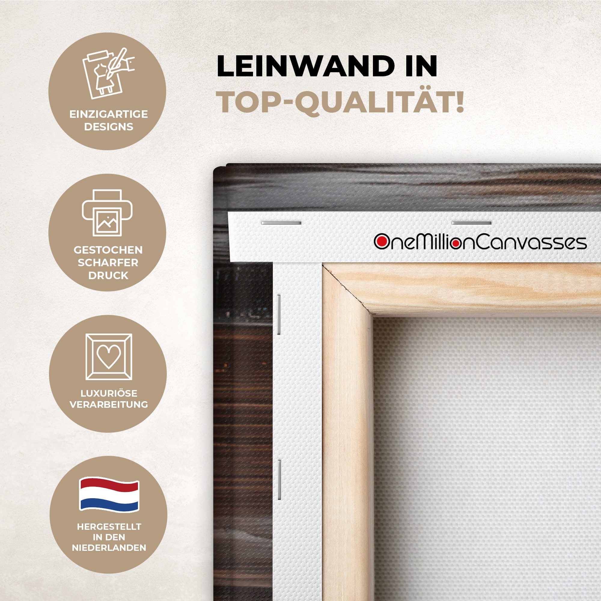 OneMillionCanvasses® Leinwandbild Zuhause - Herz - Holzoptik - Liebe, Fotodruck (1 St), Leinwandbilder XXL für Wohnzimmer 90x140 cm