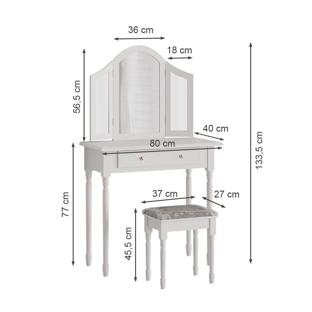Vicco Schminktisch Kate, Weiß, 80 cm mit Hocker (2-St)