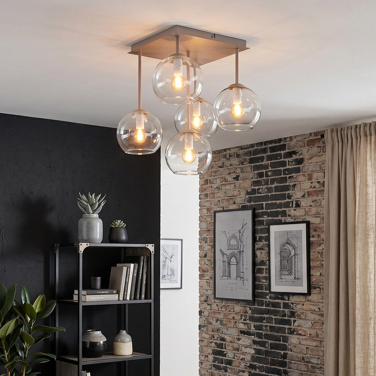 hofstein Deckenleuchte Deckenlampe aus Metall/Glas in Sandfarben/Weiß/Klar, moderne Deckenleuchte im Retro/Vintage/Boho-Design, 5 x E14