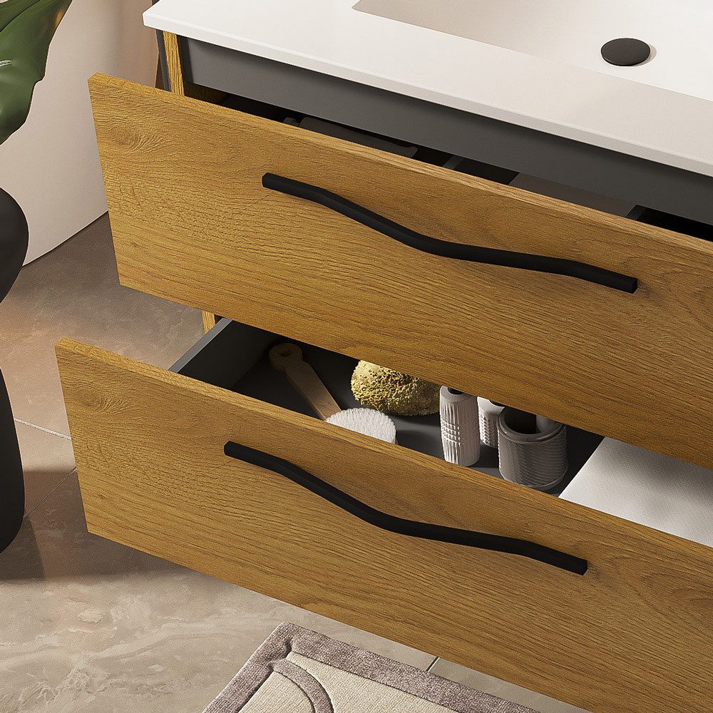 Thumbnail - Lomadox Waschtisch PIHA-145, Waschbeckenschrank Keramik Waschbecken Badezimmer 60 cm Eiche