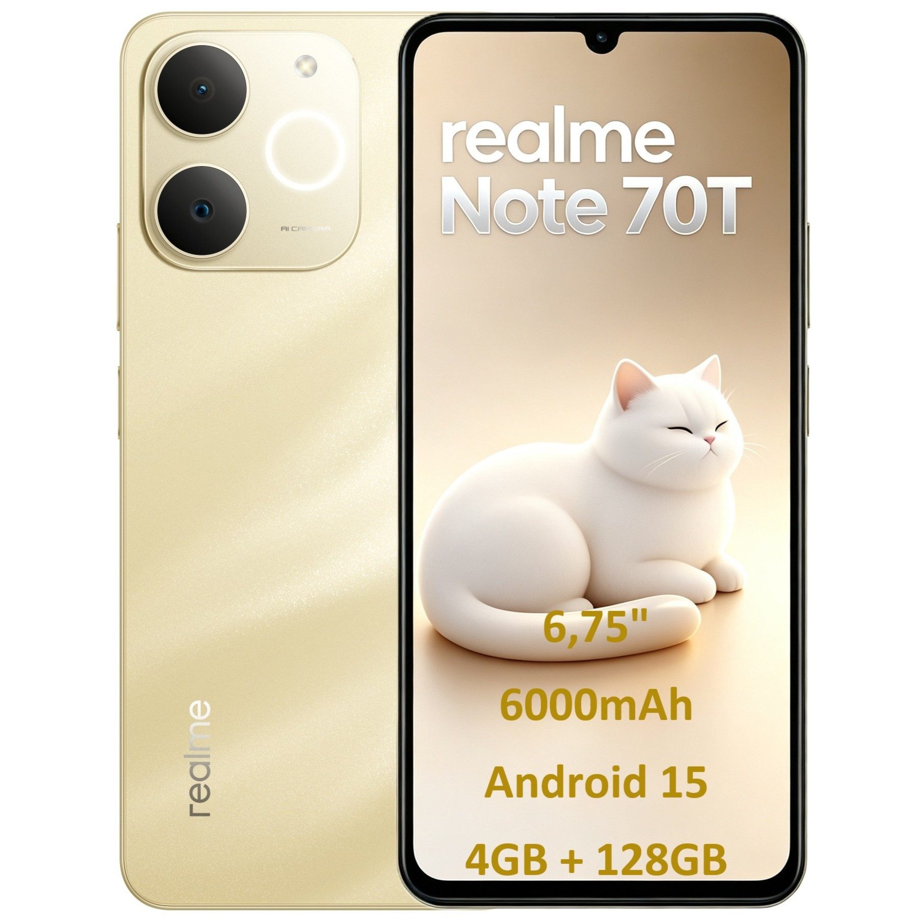 Realme Note 70T 6,75'' Smartphone 6000mAh, 7,94mm Ultra-Slim, IP54 Handy Smartphone (6.75 Zoll, 128 GB Speicherplatz, 13 MP Kamera, Android 15, 90Hz, 4GB + 128GB, Militär-Stoßfest, 15W Schnellladung)