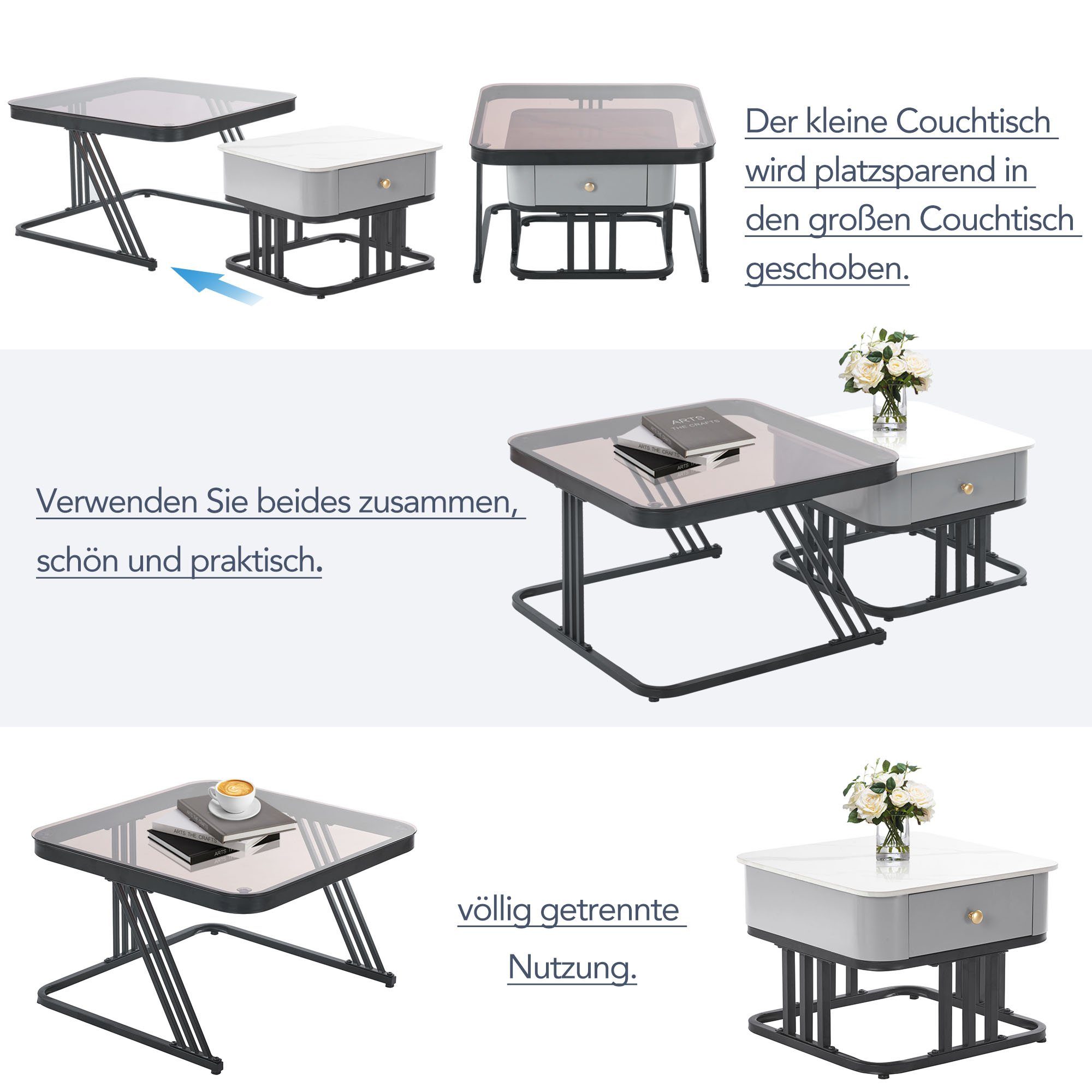 WISHDOR Couchtisch 2er Glasplatte (2-St), Mamor-Tischplatte mit Beistelltisch Schublade, und Metallrahmen und Quadrat mit Satztisch Set