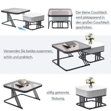 WISHDOR Couchtisch 2er Set mit Glasplatte und Metallrahmen (2-St), Quadrat Beistelltisch mit Mamor-Tischplatte und Schublade, Satztisch