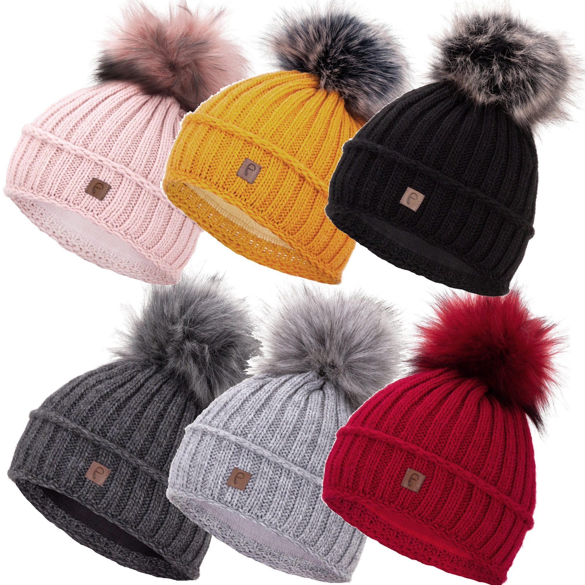 Faera Bommelmütze Wintermütze Damen Herren Mütze Beanie Haube gefüttert Bommelmütze