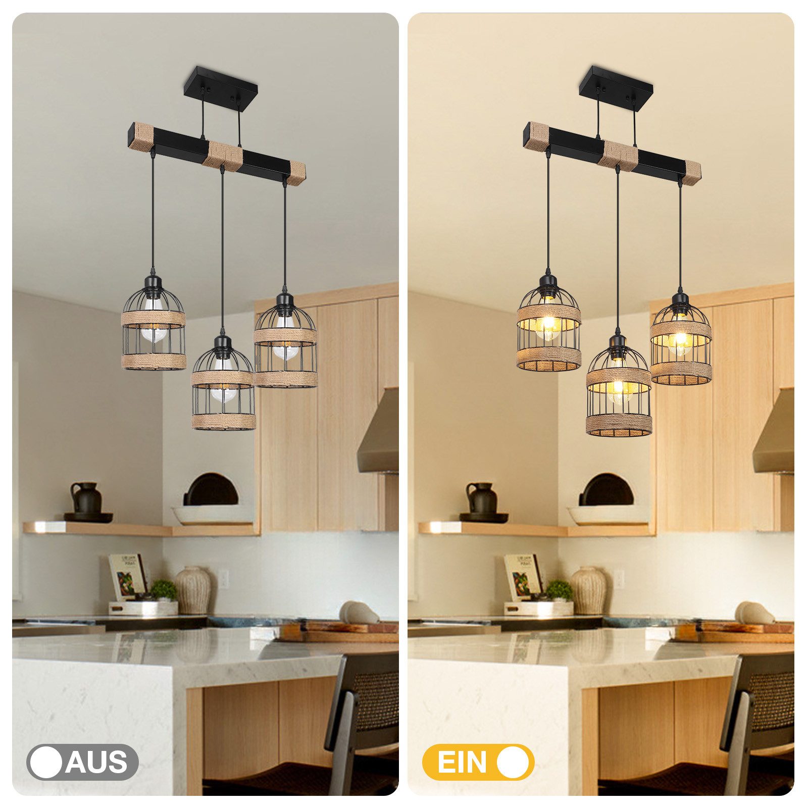 Jibenhome LED Pendelleuchte Boho Hängeleuchten,3-Licht Rattan Hängelampe,Hö günstig online kaufen