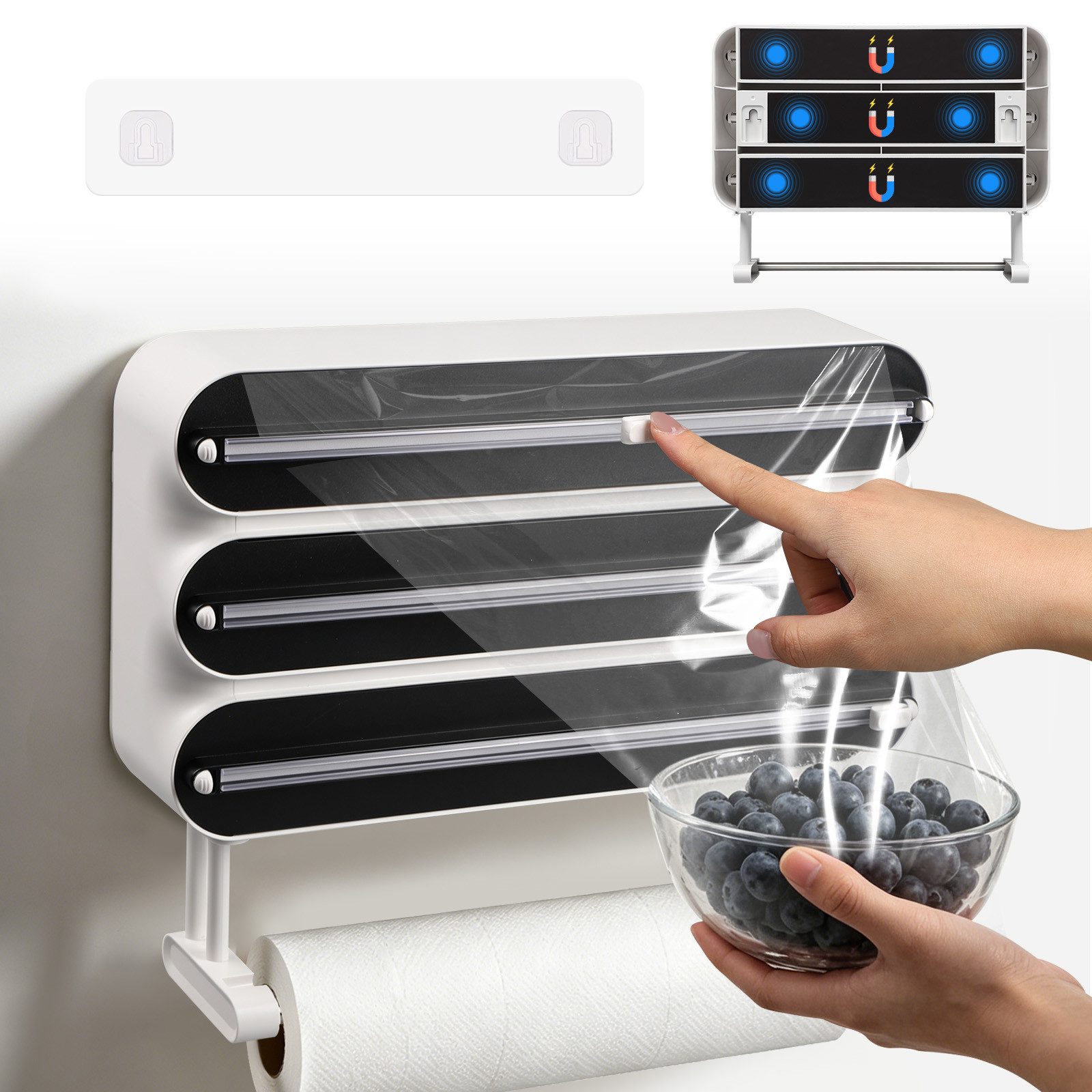 JOYOLEDER Küchenrollenhalter 4-in-1 Frischhaltefolienspender mit Küchenrollenhalter, (Platzsparender Wandrollenhalter, magnetisch & ohne Bohren), Folienschneider für Frischhaltefolie & Alufolie