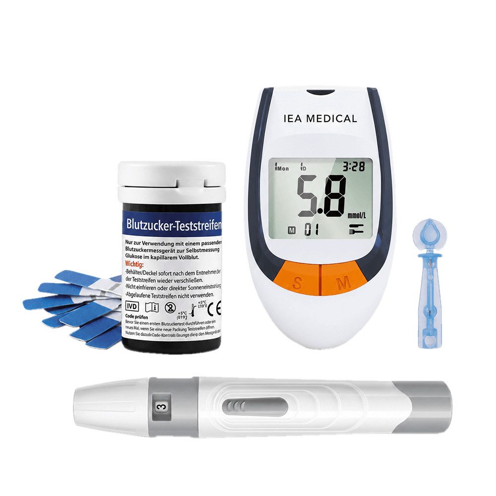 IEA Medical Blutzuckermessgerät AC-309, Komplettset, inkl. 50x Teststreifen, 50x Lanzetten, 1x Etui, für eine einfache Selbstkontrolle zuhause