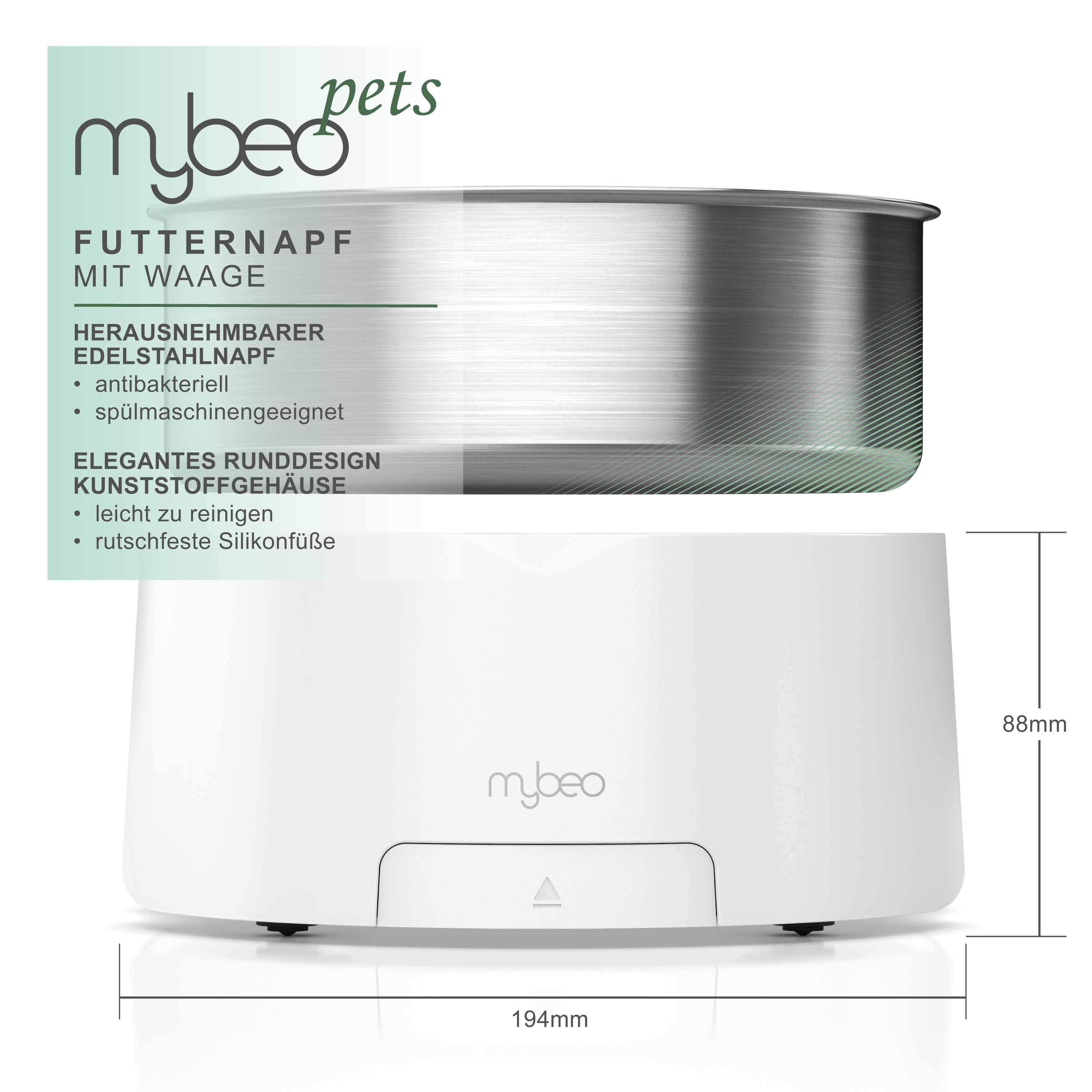 MyBeo Futternapf Futternapf, Futter & Trinknapf mit Waage bis 5 kg, Edelstahl, herausnehmbarer Napf, Hundenapf, Tara, 1000 ml