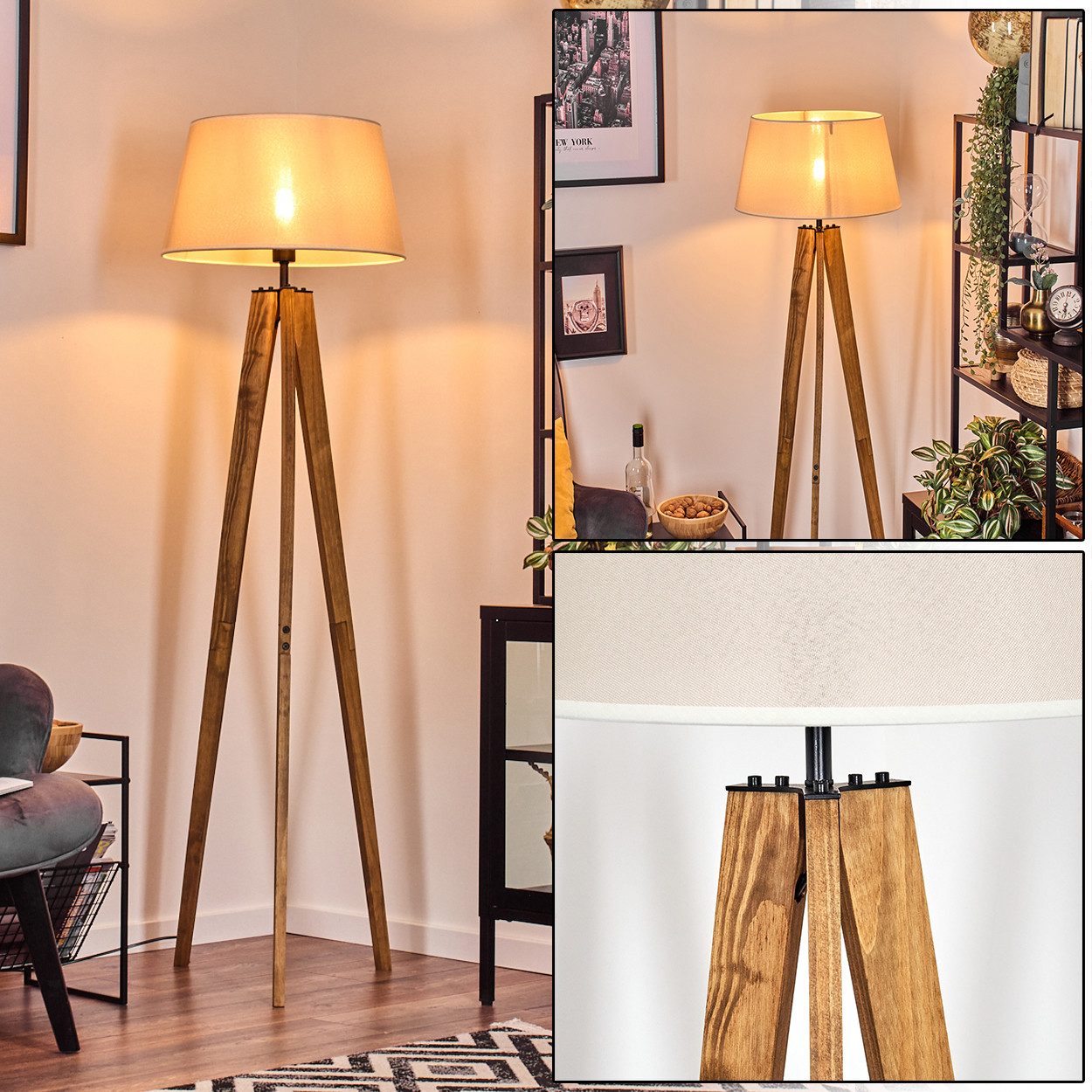 Stehlampe Stehlampe aus Holz/Metall/Stoff in Naturfarben/Schwarz/Beige/Weiß