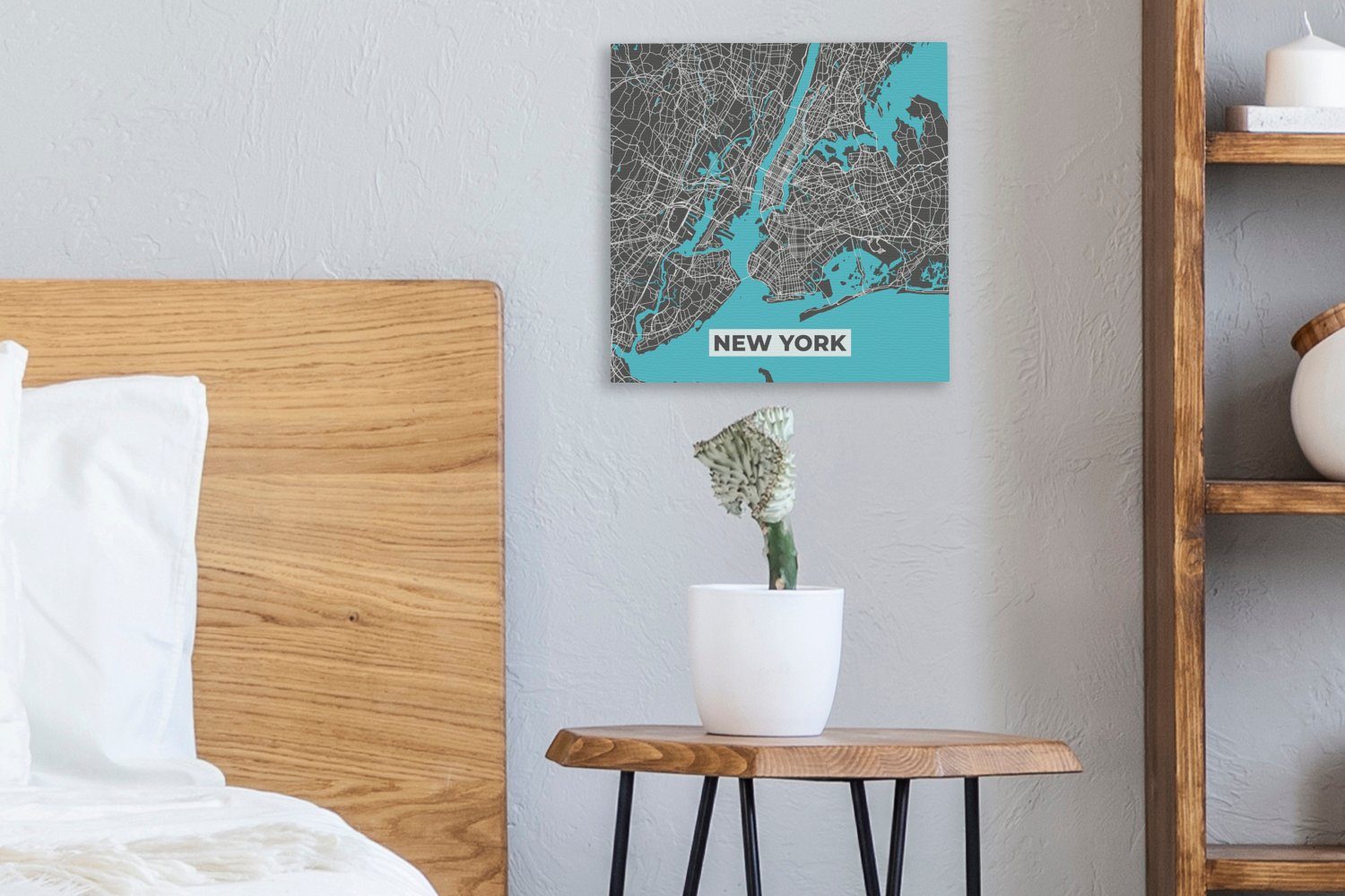 - Bilder St), Blau Wohnzimmer Schlafzimmer - - Leinwandbild New für Leinwand York (1 OneMillionCanvasses® Stadtplan Karte,