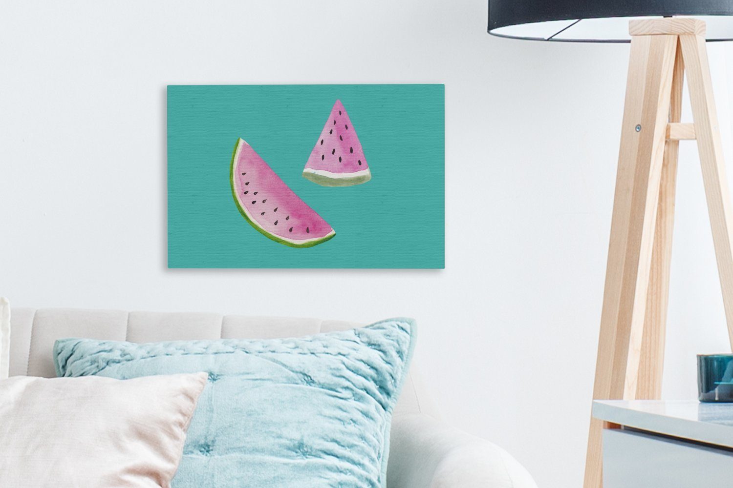 30x20 Wandbild Aufhängefertig, - Obst - Leinwandbilder, Leinwandbild Blau, Wanddeko, cm OneMillionCanvasses® Wassermelone (1 St),