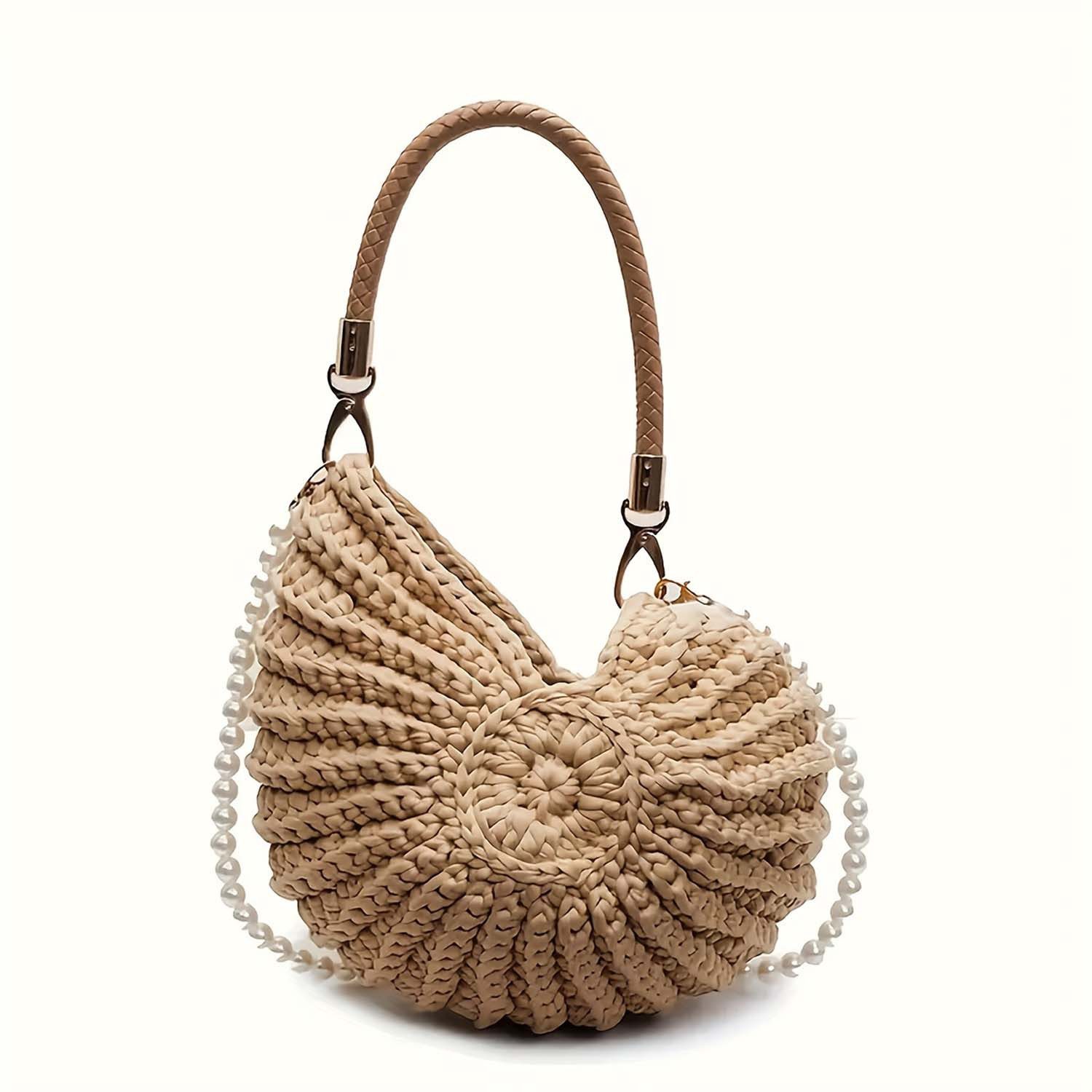 Oemmn Handtasche Handgewebte Muschel-Hobo-Tasche für Damen, gehäkelt, Sommer