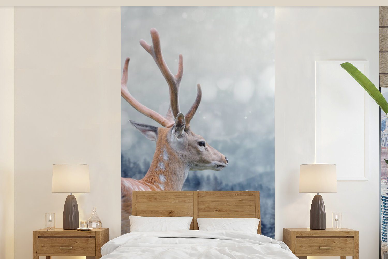 MuchoWow Fototapete Winter - Hirsche - Tiere, Matt, bedruckt, (2 St), Vliestapete für Wohnzimmer Schlafzimmer Küche, Fototapete