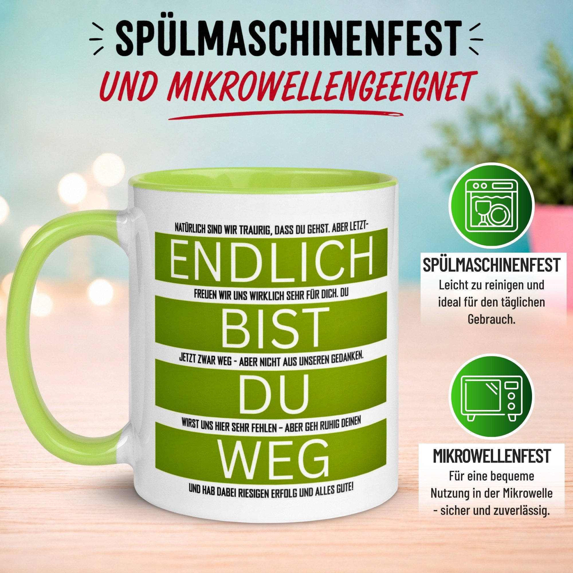 Momentals Tasse Abschied – „Endlich bist du weg“ – Abschiedsgeschenk für Kollegen, Gratis Versand · Links-&Rechtshänder · Spülmaschinenfest – Bild 5 von 5