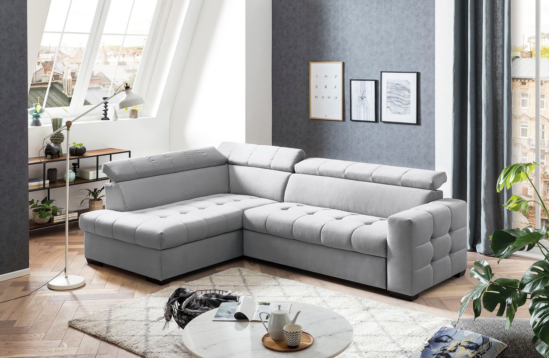 Wahlweise im - Otusso, und Sitzbereich, sofa mit exxpo fashion Bettfunktion Ecksofa Steppung Bettkasten