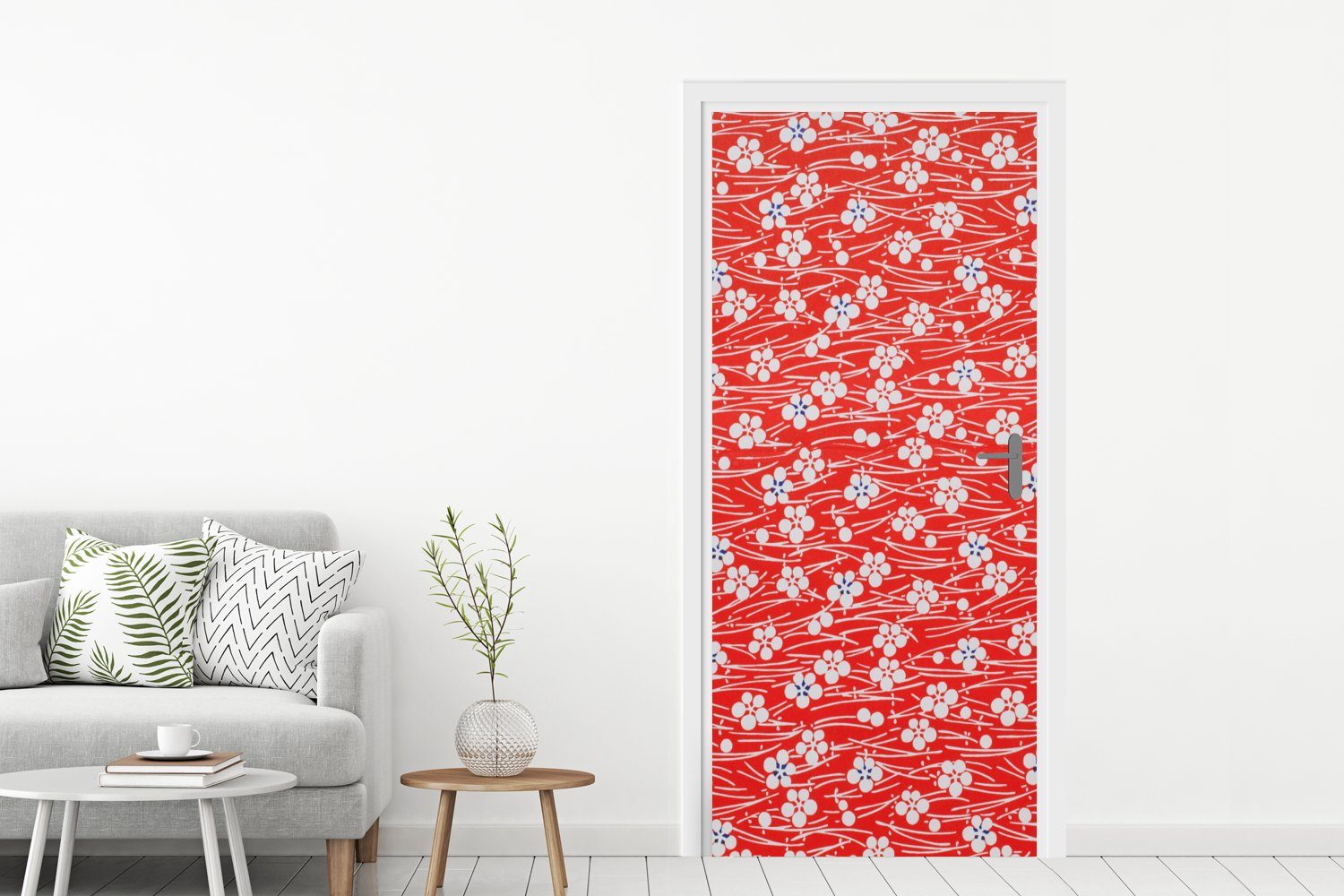 MuchoWow Türtapete Ein rotes Blumenmuster, 75x205 St), cm Tür, und (1 weißes Fototapete bedruckt, Türaufkleber, für Matt