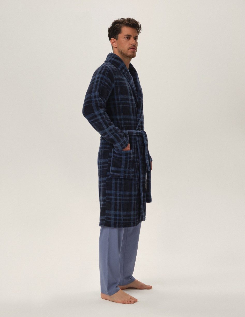Henderson Herrenbademantel Fleece-Bademantel in Midilänge mit Karomuster und Taschen Hover, Midilänge, Polyester, Gürtel