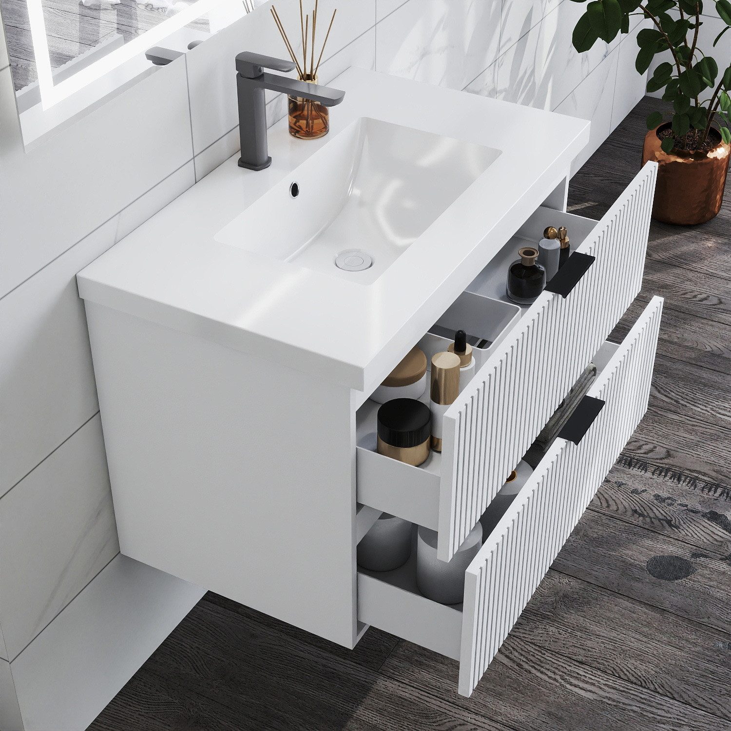 duschspa Waschtisch Waschbecken mit Unterschrank Badmöbel Set Hängeschrank, mit Griffe, 50/60/80/100/120 cm