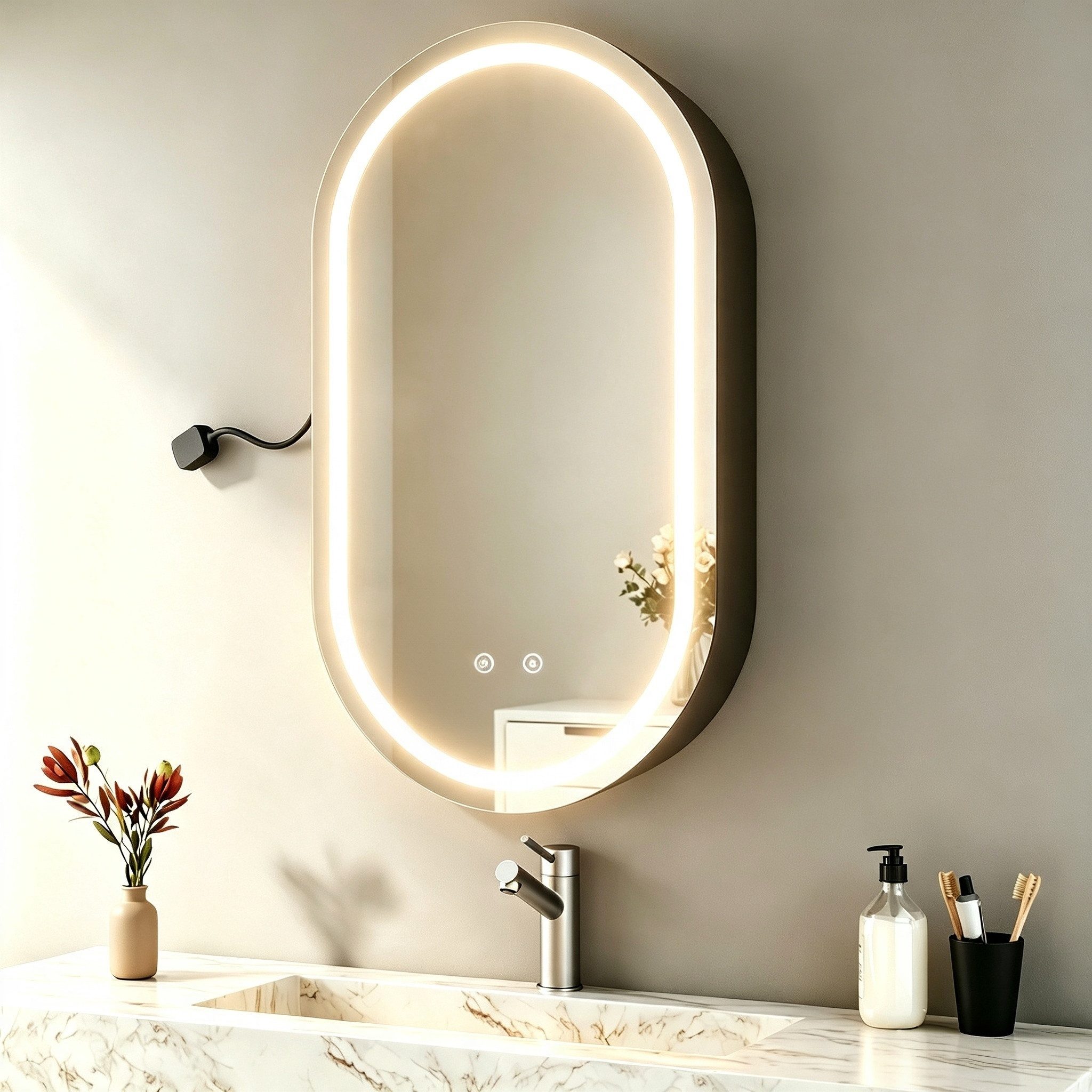 WDWRITTI Spiegelschrank Bad mit Beleuchtung Oval LED Badezimmerspiegelschrank Schwarz (Schrank 40x13x70cm mit 3Lichtmodi, Anti-fog, Helligkeit einstellbar) Speicherfunktion