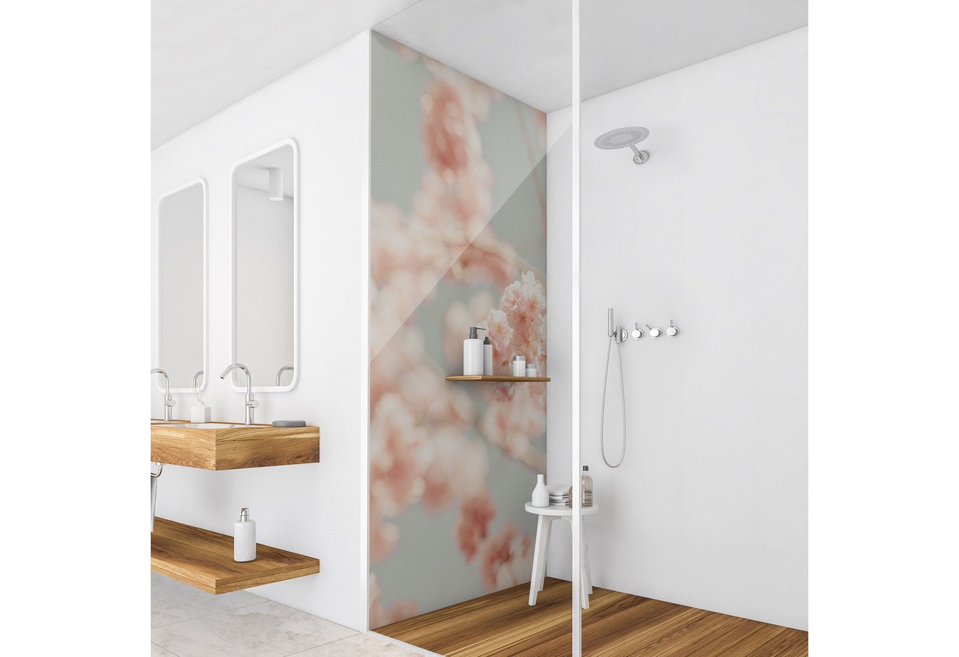 Thumbnail - Bilderdepot24 Badrückwand Blumen rosa Duschrückwand ohne Bohren Dusche Landhaus, (Hartfolie matt » Selbstklebend PREMIUM...