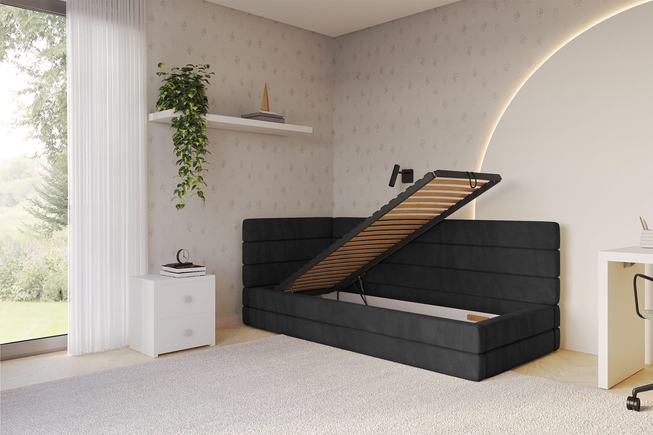 ALTDECOR Jugendbett BEMY (Jugendbett mit Bettkasten und Lattenrost, Polsterbett ohne Matratze), Einzelbett mit Stauraum, Bett mit Kopfteil