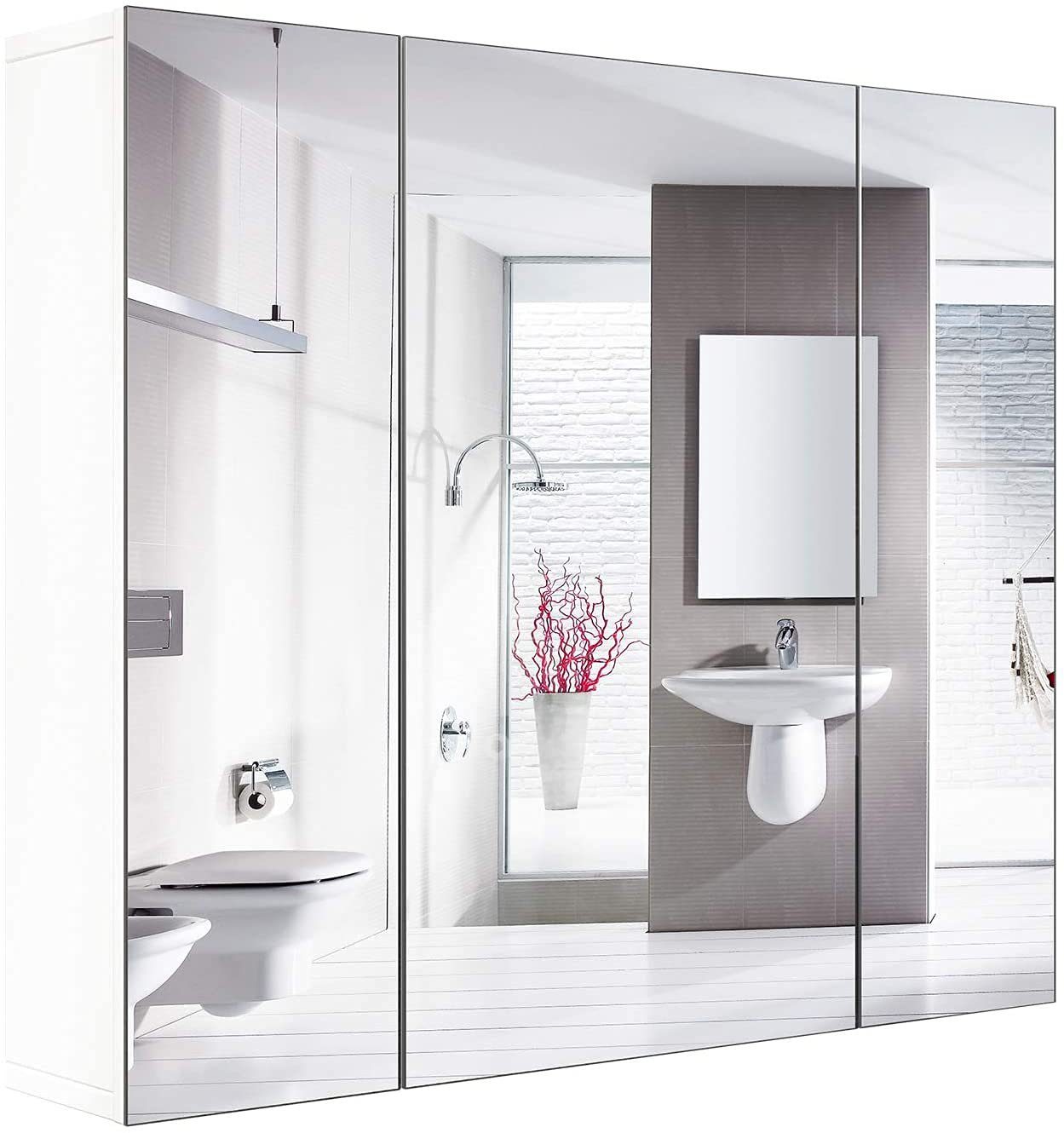 Homfa Spiegelschrank Badezimmerschrank mit 3 Türen, Weiß, 70x60x15cm, Holz