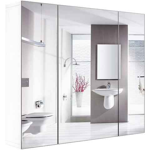 Homfa Spiegelschrank Badezimmerschrank mit 3 Türen, Weiß, 70x60x15cm, Holz