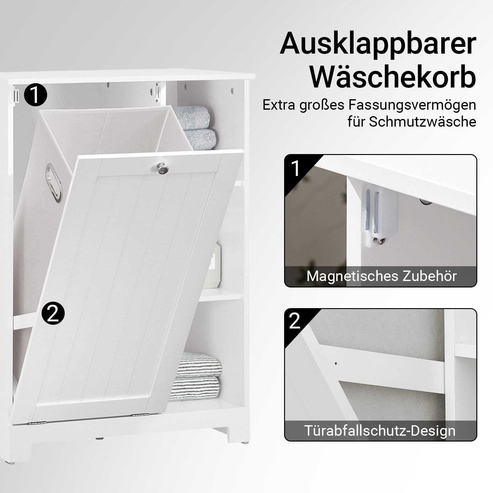 SoBuy Wäscheschrank Badezimmerschrank, Wäschekorb, Badmöbel, Badschrank mit 3 Regale Badschrank mit Wäschesack Wäschetruhe Wäschesammler Wäschekorb Weiß