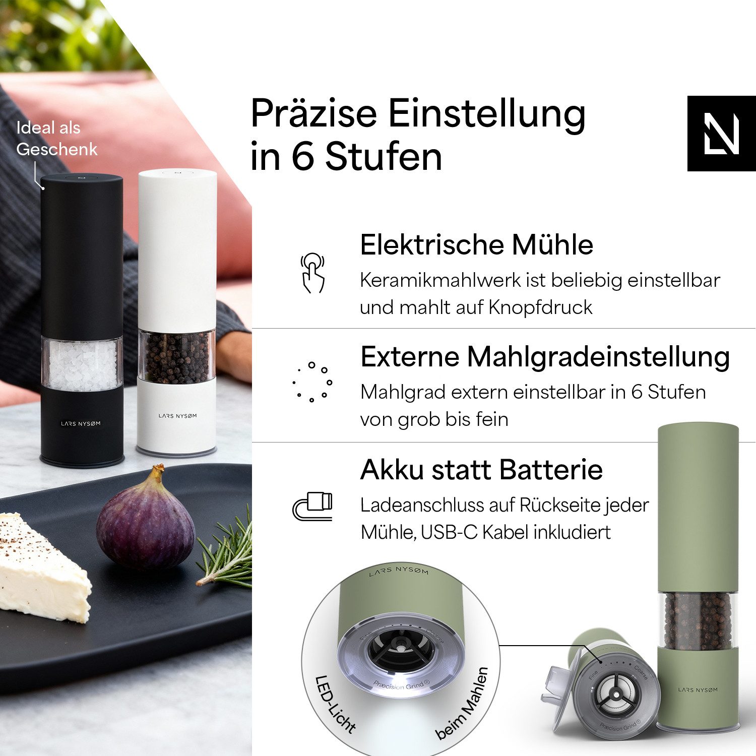 LARS NYSØM Gewürzmühle Stød praktische Einhandbedienung per Drucktaste, (2 Stück), elektrische Salz- & Pfeffermühle mit eingebautem LED-Licht