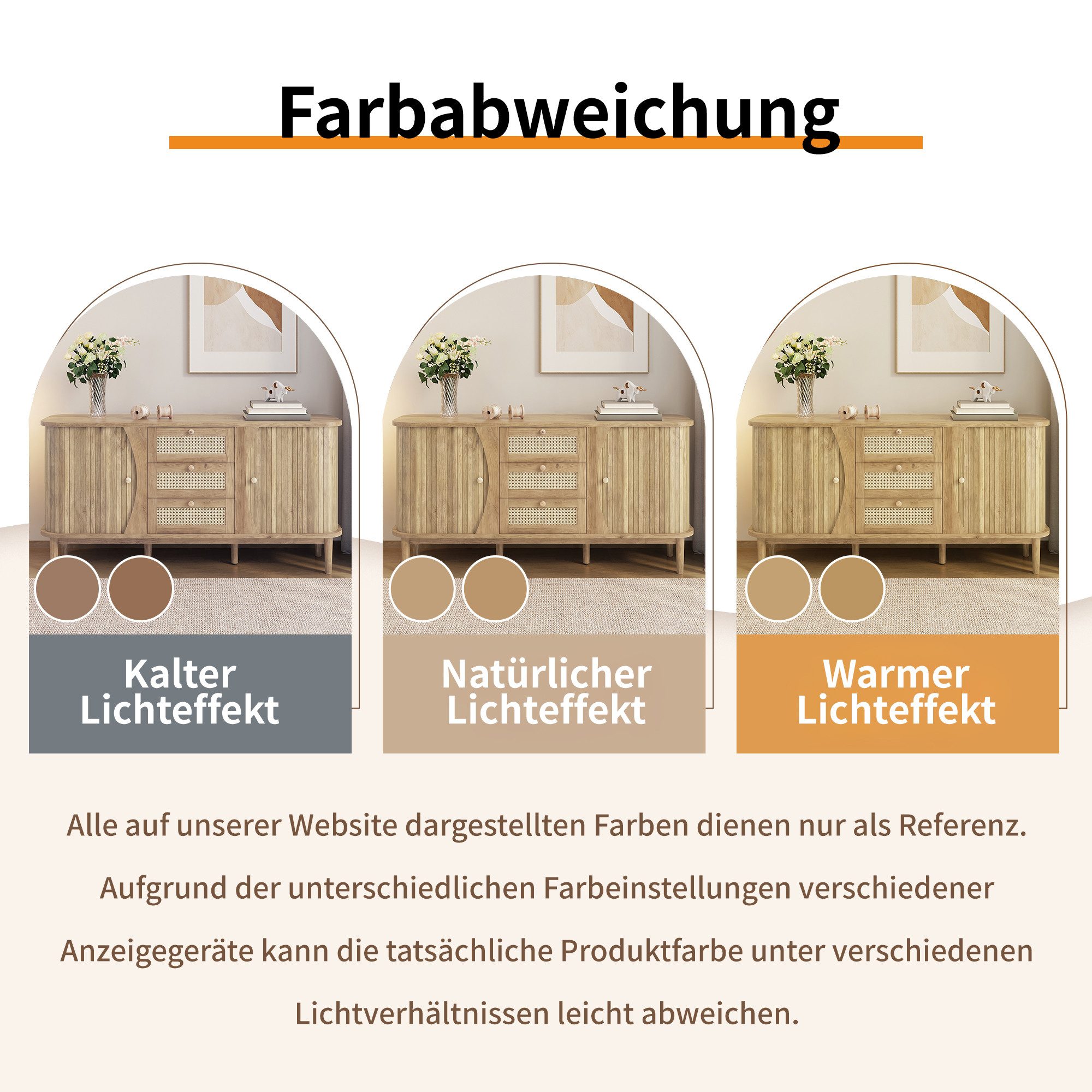 Merax Sideboard in Holzoptik mit Rattanschubladen (Anrichte Buffetschrank 140,5x40x76cm, 1 St., für Wohnzimmer, Esszimmer und Flur), Kommode mit Schiebetüren, a – Bild 5 von 5