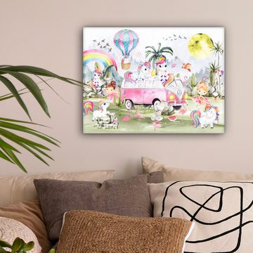 OneMillionCanvasses® Leinwandbild Einhorn - Regenbogen - Kinder - Mädchen - Auto, Kindergarten Safari (1 St), Wandbild Leinwandbilder, Aufhängefertig, Wanddeko 40x30 cm