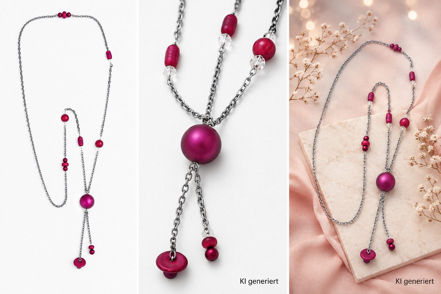 unbespielt Collier Kette Kunststoffperlen Altrosa-Grau-Kristall Aluminium 95 cm, Modeschmuck für Damen