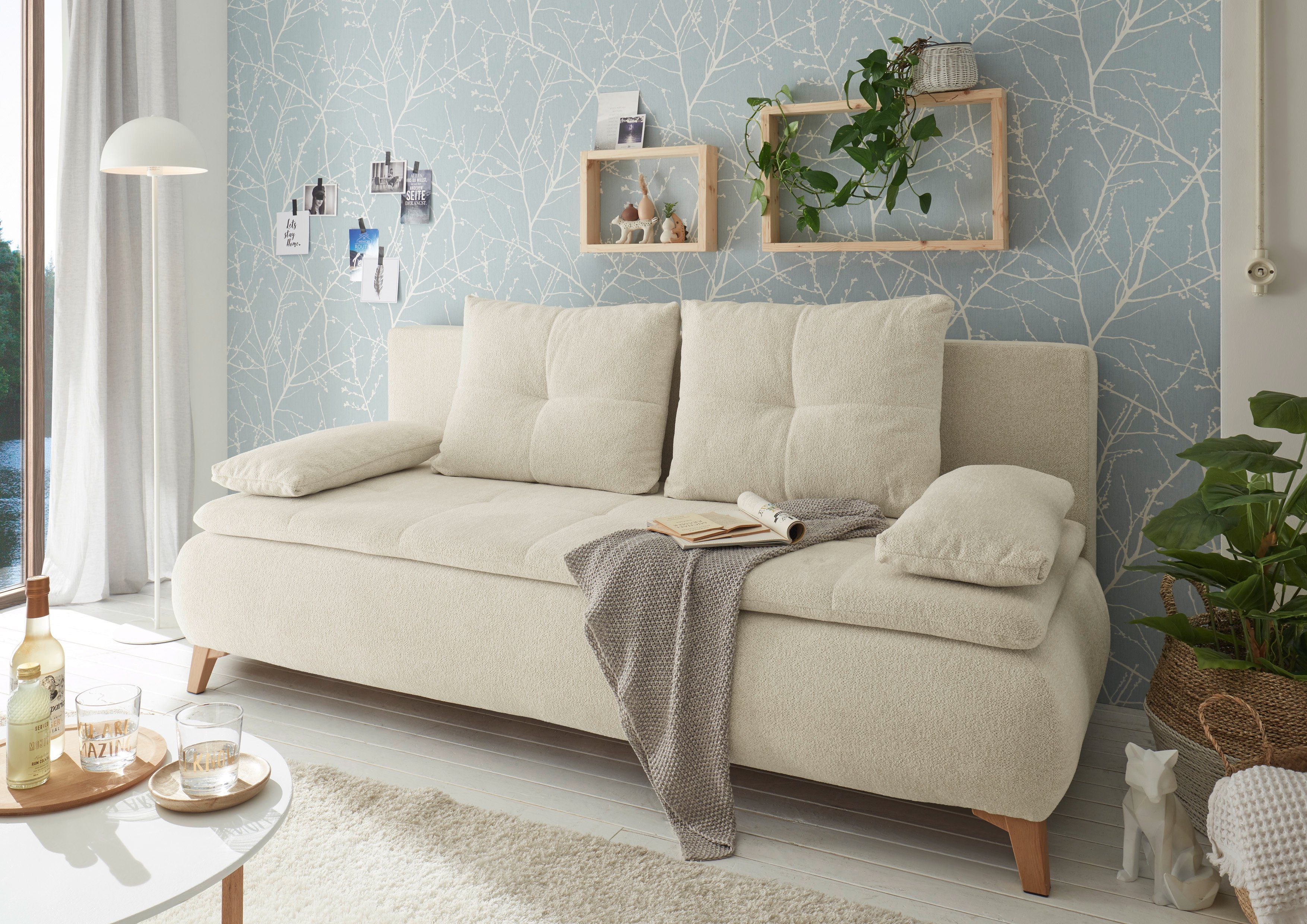 Magnus, ED Armlehnkissen Bettkasten, EXCITING Bettfunktion Schlafsofa und DESIGN sowie und beige mit Rücken-