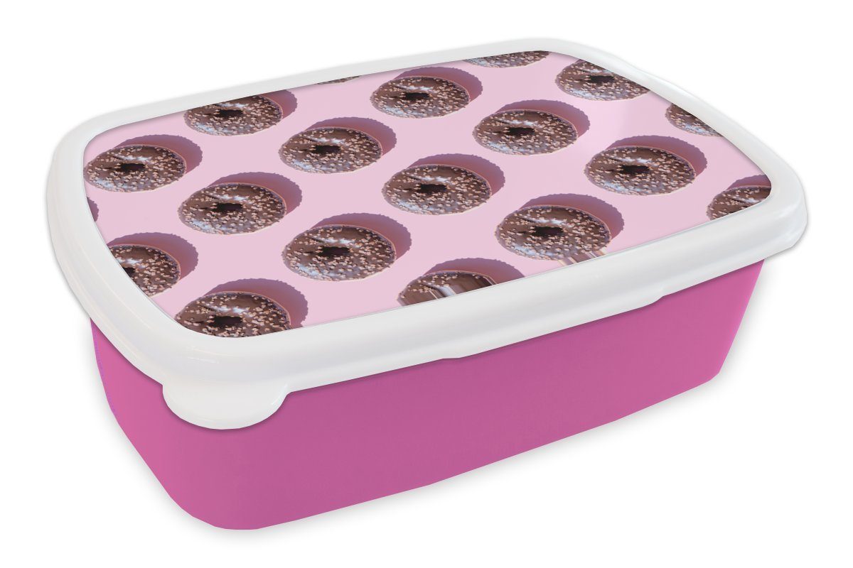 MuchoWow Lunchbox Schokoladendonuts auf rosa Hintergrund, Kunststoff, (2-tlg), Brotbox für Erwachsene, Brotdose Kinder, Snackbox, Mädchen, Kunststoff