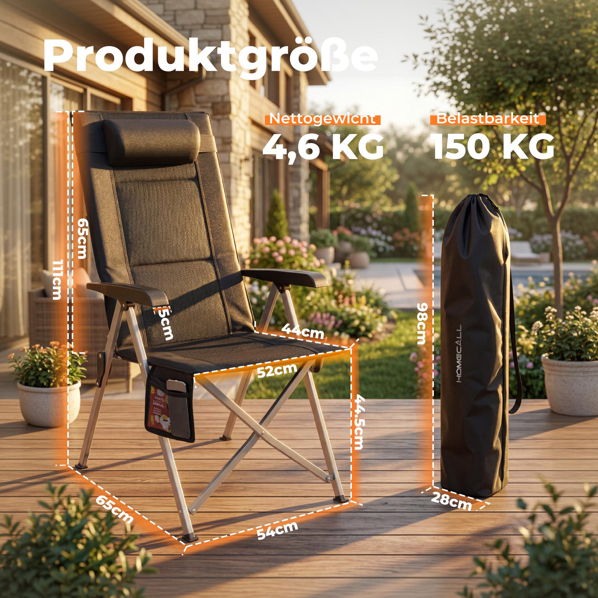 HOMECALL Campingstuhl Faltbar Hochlehner Luxus Klappstuhl mit 4,5cm Dicke Gepolstert (1 St), für Garten Balkon Wohnmobil
