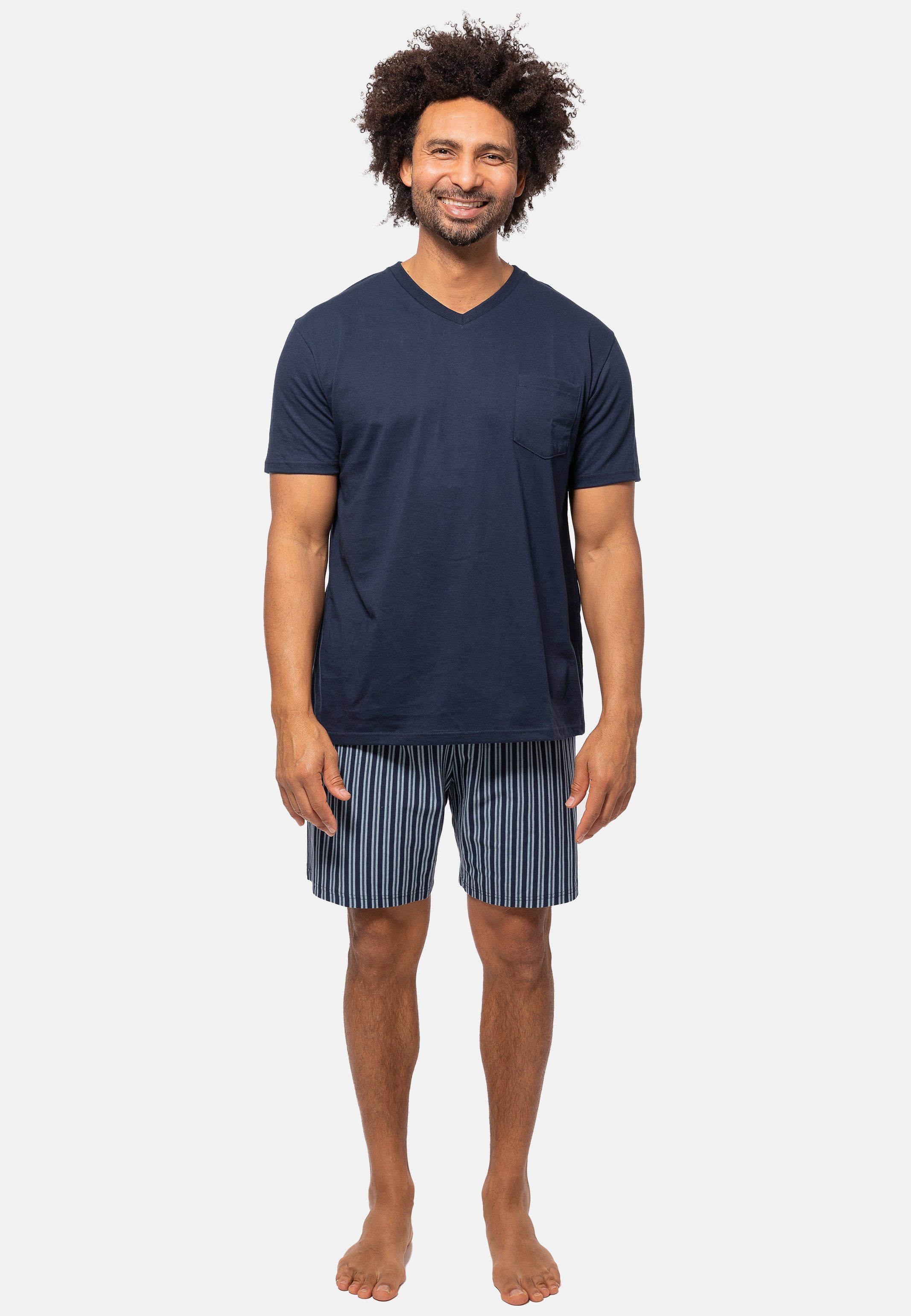 Ammann Pyjama Organic Cotton Baumwolle Hose tlg) gestreift Blau 2 - Shirt aus Schlafanzug Set kurzer Kurzarm und (Set, 