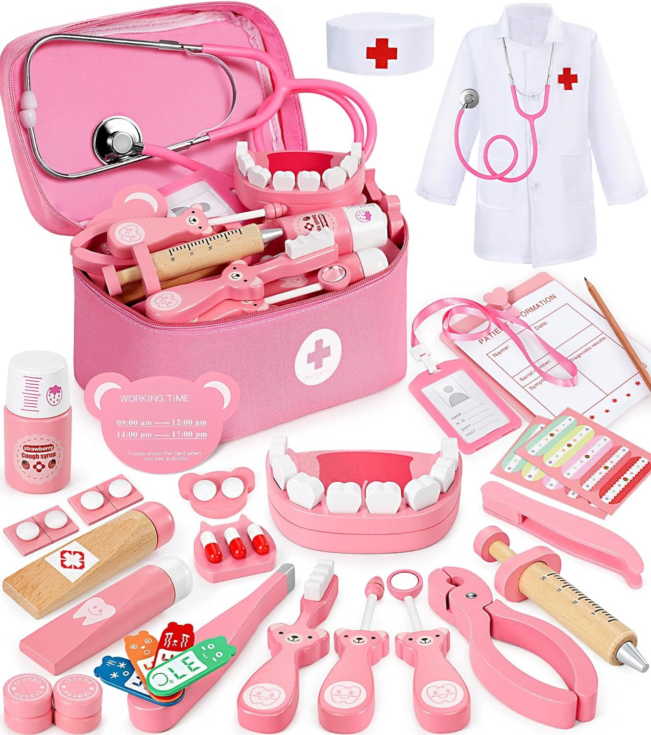 POPOLIC Spielzeug-Arztkoffer Doktorkoffer für Kinder ab 3, 4, 5 Jahre Medizinische Spielzeug, (Arztkoffer Kinder Holz Spielset, Rosa, Mit Hochsimuliertem Stethoskop, Rollenspiel Kinder Spielzeug), für Kinder ab 3, 4, 5 Jahre Medizinische Spielzeug, Zahnarzt Spielzeug