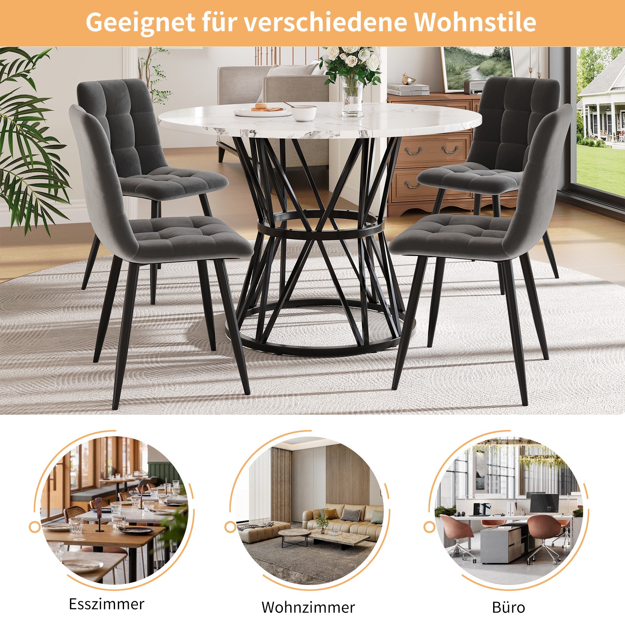 HAUSS SPOLE Essgruppe Runder Esstisch für 4 Personen, für Esszimmer, Wohnzimmer, Schwarz, (Moderner runder Esstisch 100×100×76 cm mit verstellbaren Metallbeinen, MDF-Marmor-Tischplatte und hoher Tragfähigkeit., 1-tlg)