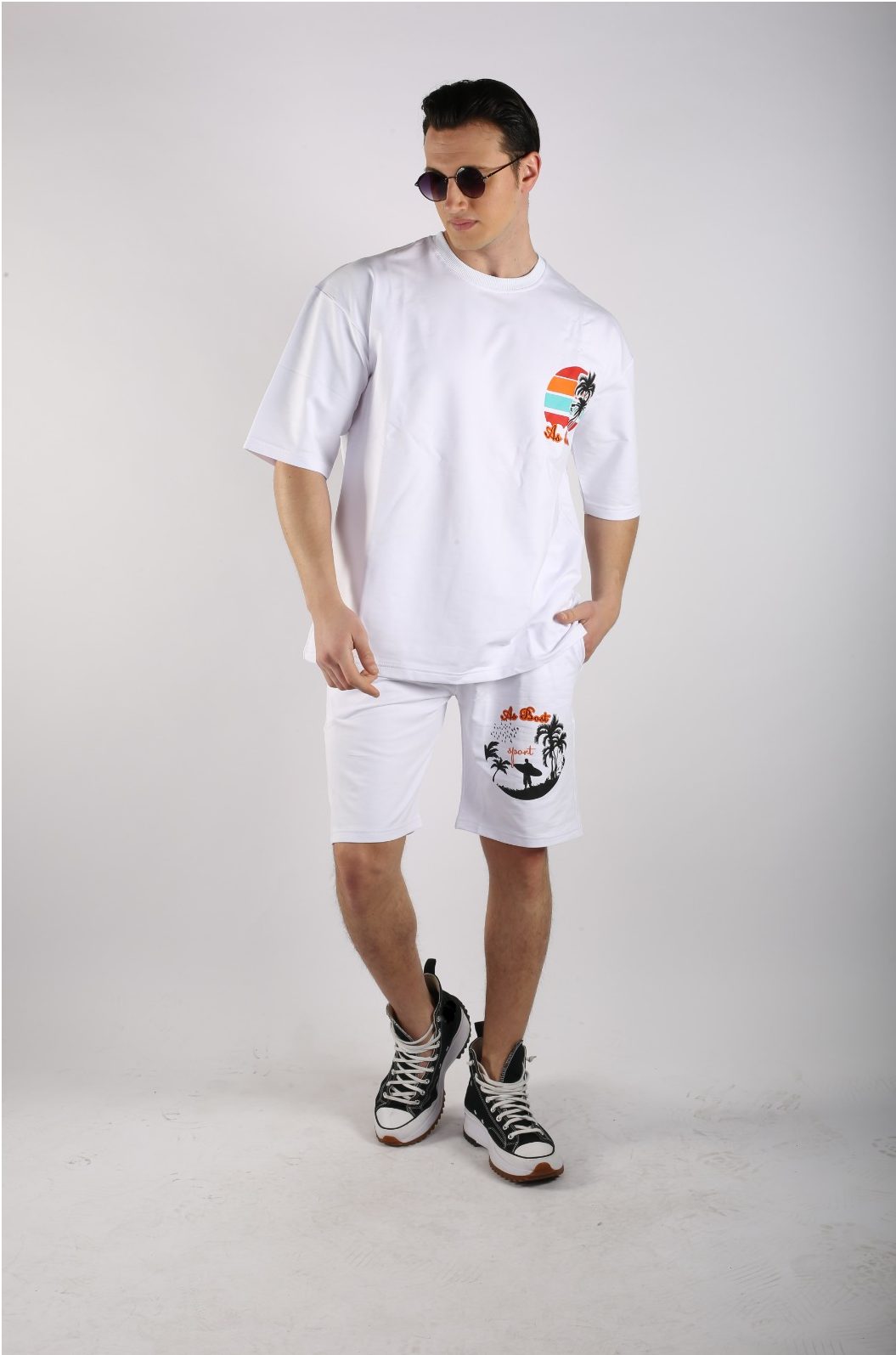ALGINOO T-Shirt & Shorts T-Shirt T-Shirt + Weiß & Shorts (Set, Short)