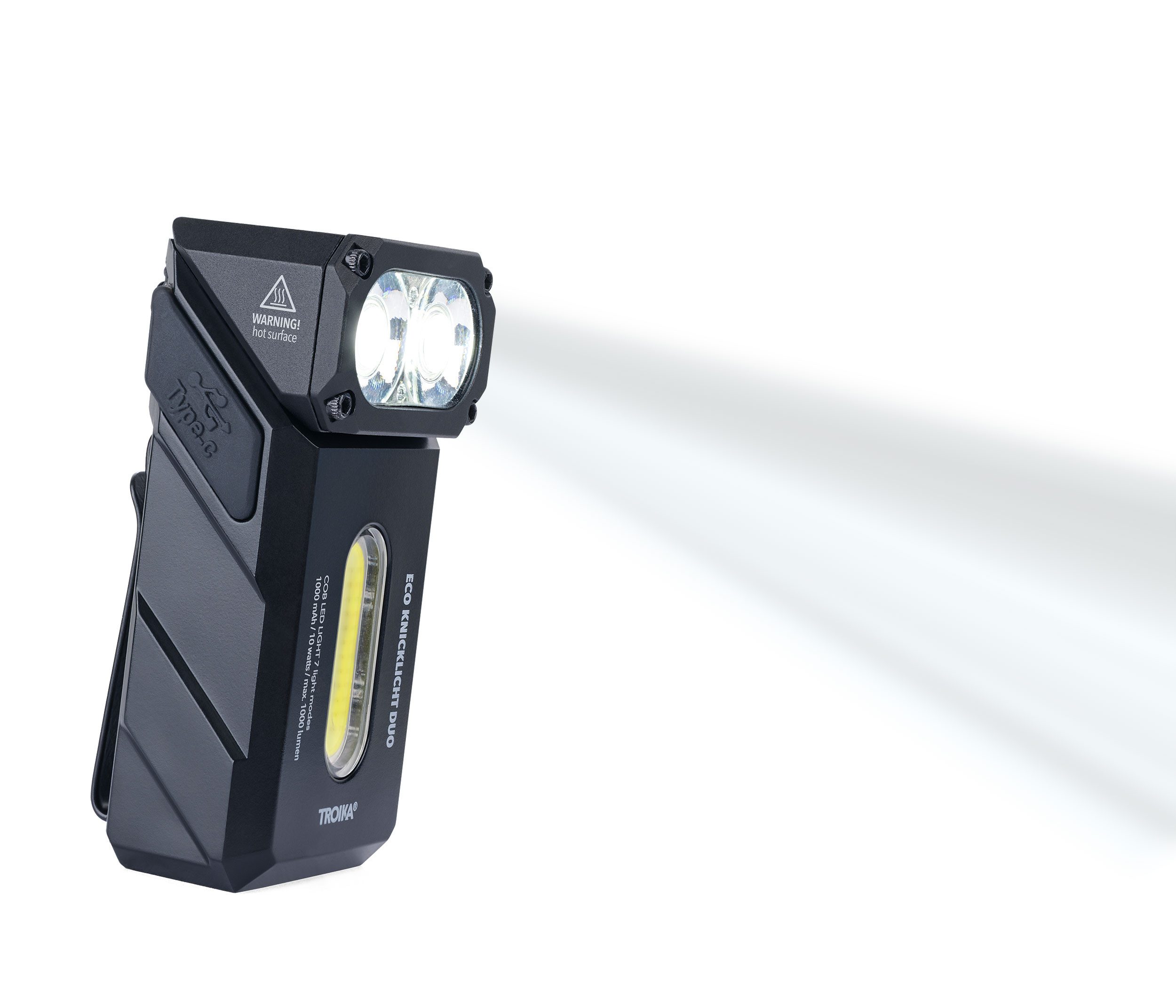 TROIKA LED Stirnlampe & Taschenlampe ECO DUO wiederaufladbar, 1000 Lumen, 7 Modi, Rotlicht (1-St), Magnet & Clip Befestigung, mit Stirnband, 90° drehbar, aus Aluminium