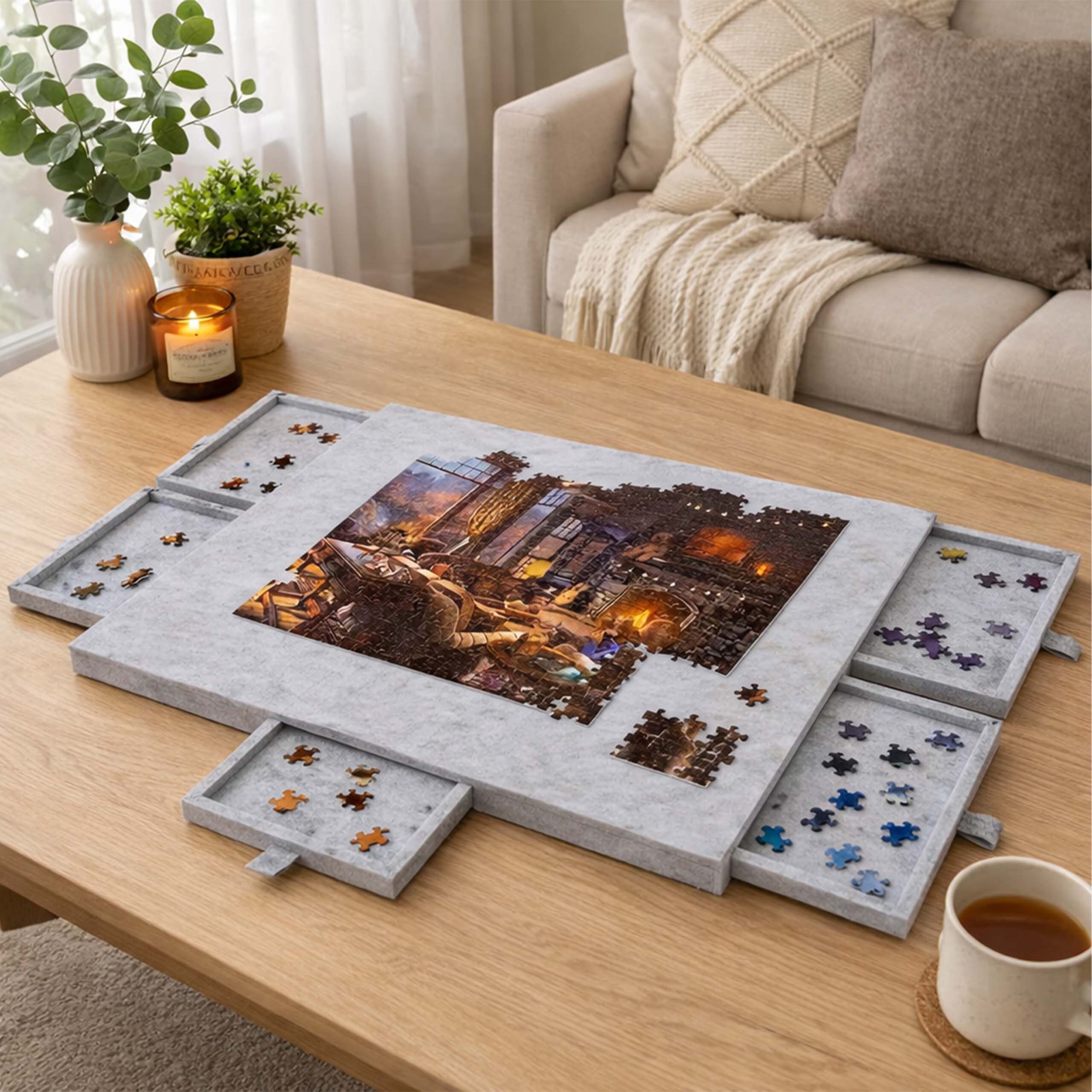 relaxdays Puzzle-Sortierschale Puzzlebrett Filz 6 Schubladen, Hellgrau