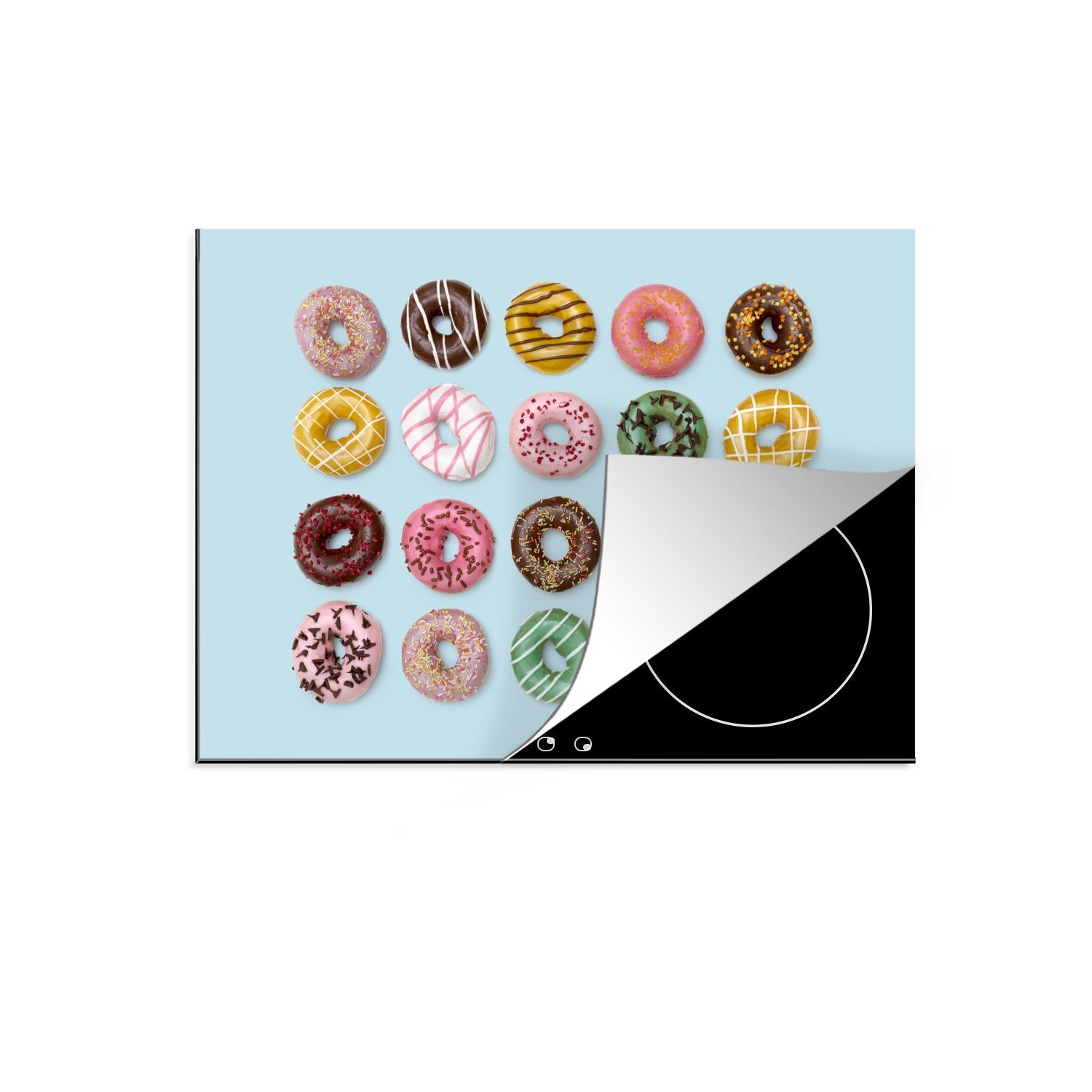 MuchoWow Herdblende-/Abdeckplatte Farbige Fastfood-Donuts, Vinyl, (1 tlg), 70x52 cm, Mobile Arbeitsfläche nutzbar, Ceranfeldabdeckung