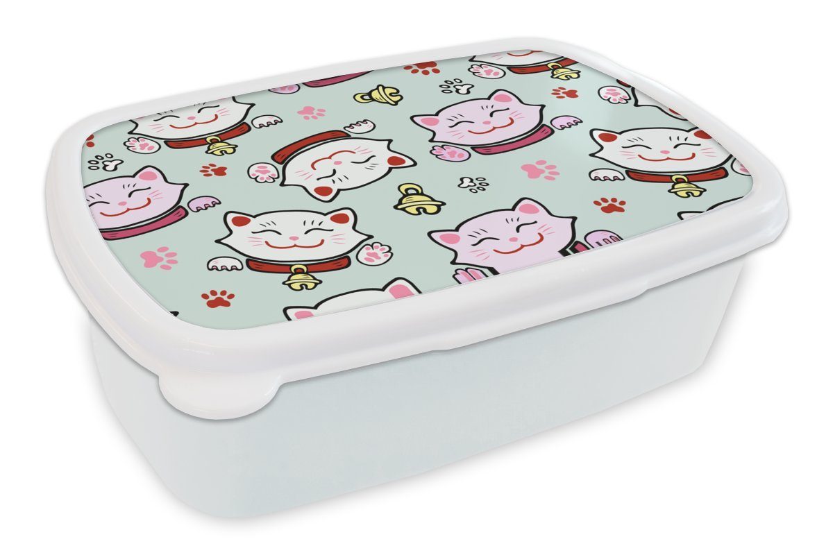 MuchoWow Lunchbox Katze - Haustiere - Muster, Kunststoff, (2-tlg), Brotbox für Kinder und Erwachsene, Brotdose, für Jungs und Mädchen weiß