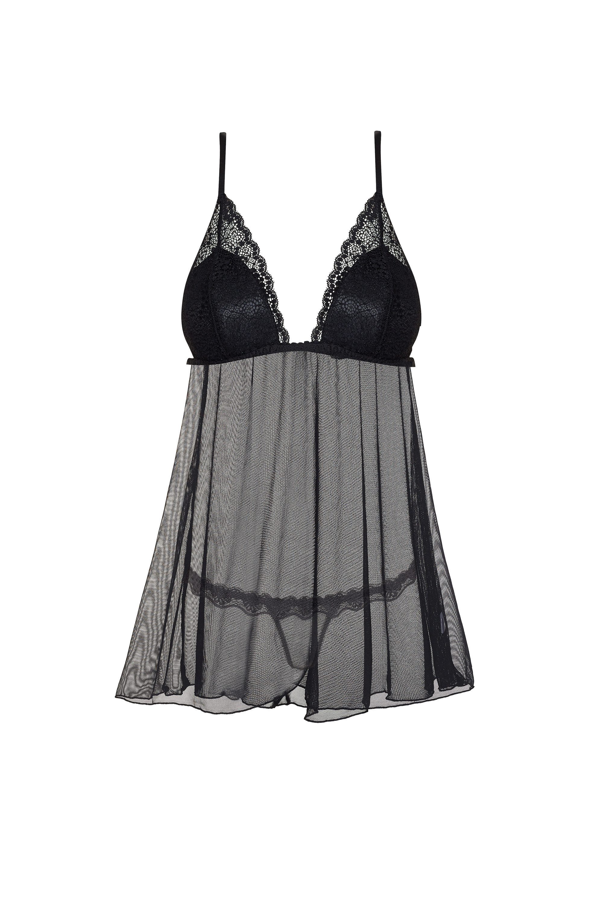 Beauty Night Fashion Negligé Babydoll Lauren schwarz Negligee transparent mit String (2-tlg)