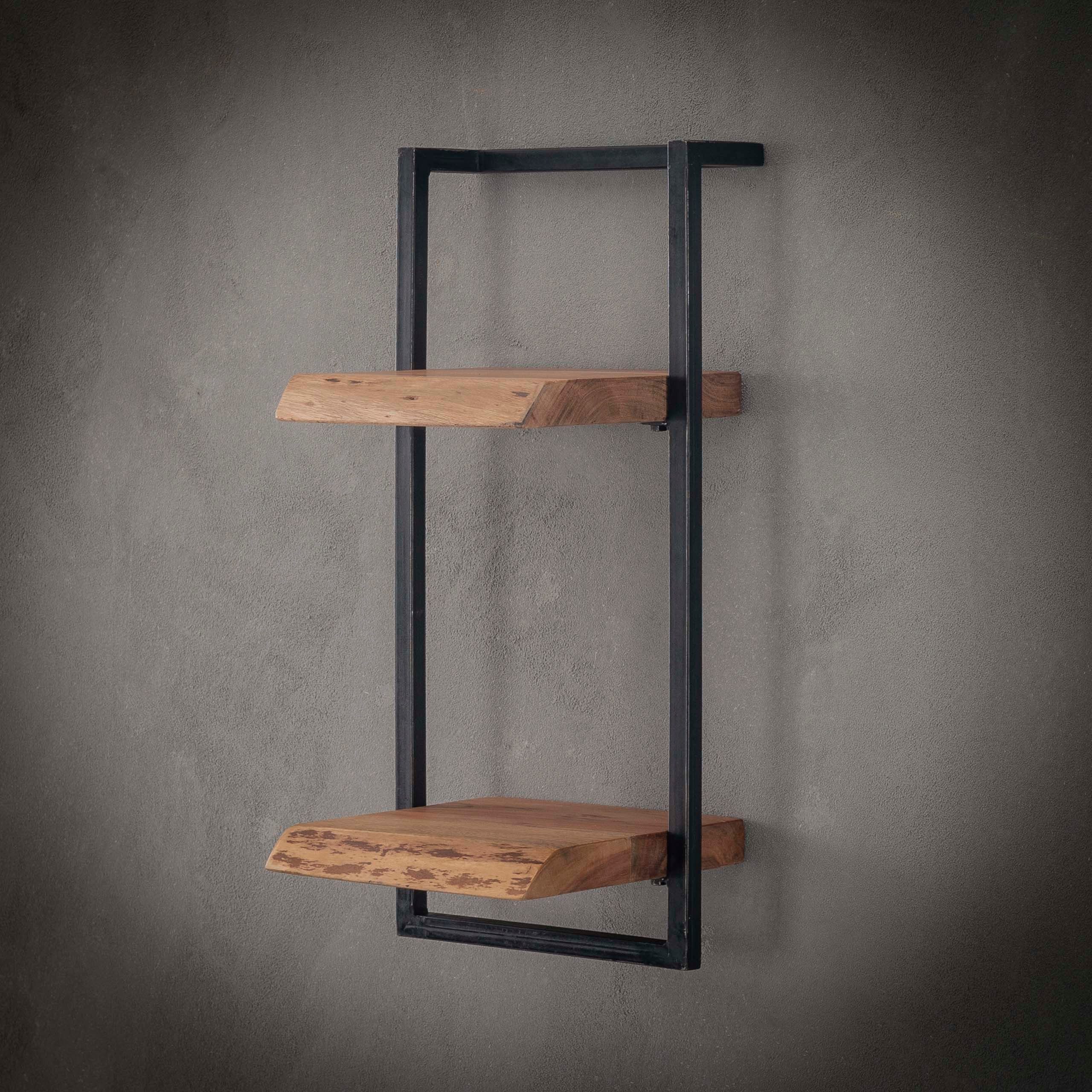 alesvelt Wandregal EDGE FRAME Vertikales 2-Ebenen-Industrial-Regal mit Baumkante, 65x30x25cm, Akazienholz