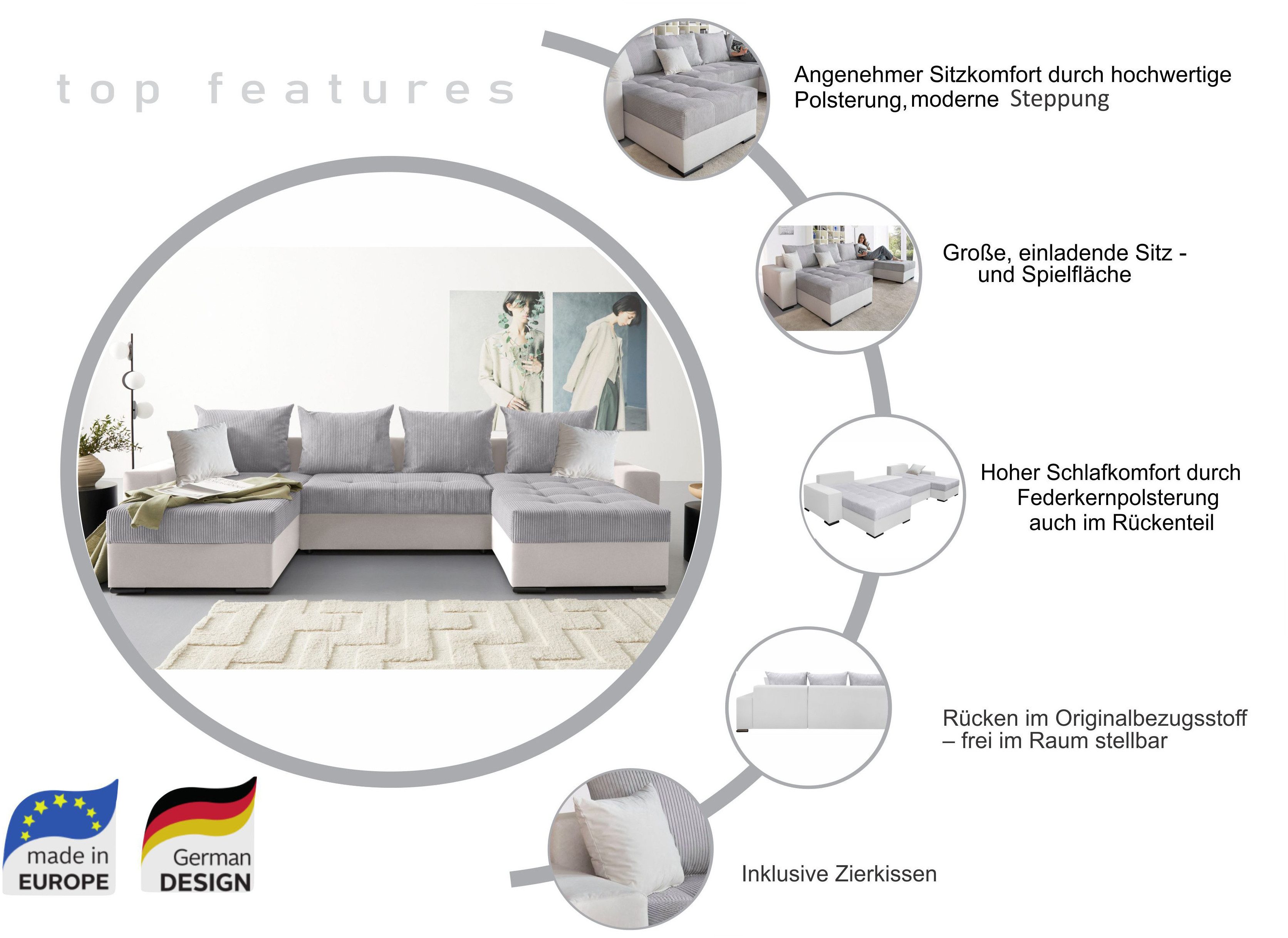 COLLECTION AB Wohnlandschaft Josy XL U-Form, B: 313 cm in Cord, Cord-Mix, Bettfunktion, Bettkasten & 2 Zierkissen, Federkern