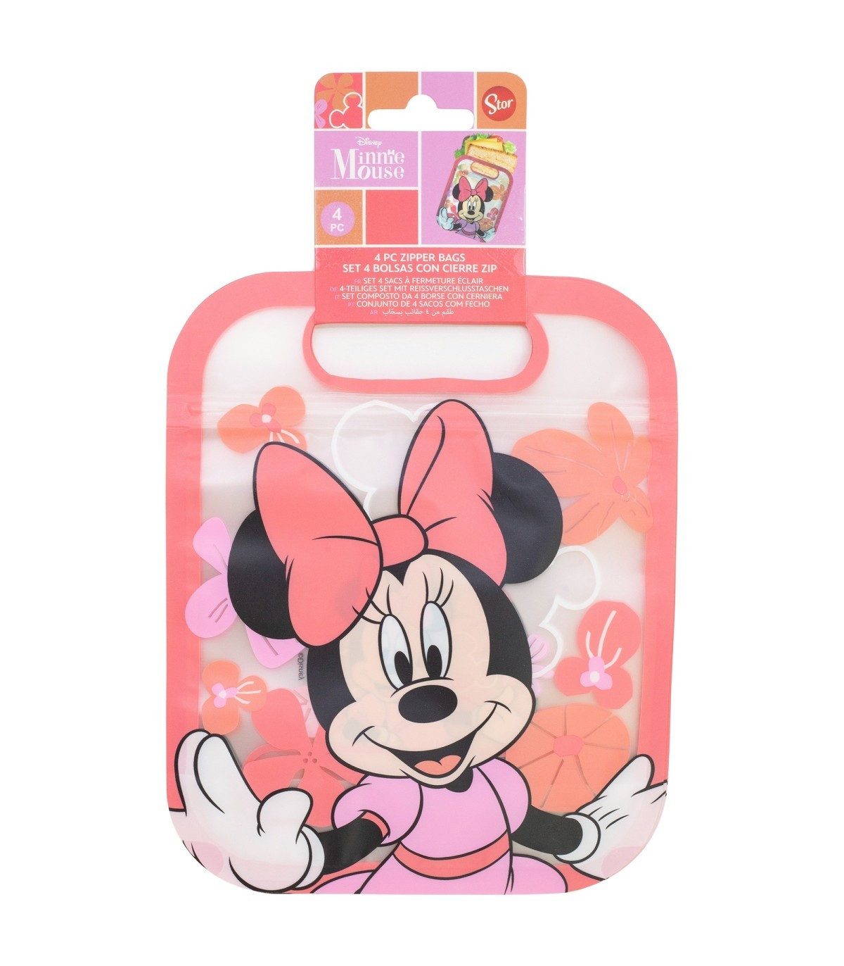 Disney Minnie Mouse Brottasche 4 Stück Snackbeutel mit Zip Verschluss für Obst Kekse und Snacks, (Spar-Set, 4-tlg., 4x Beutel)